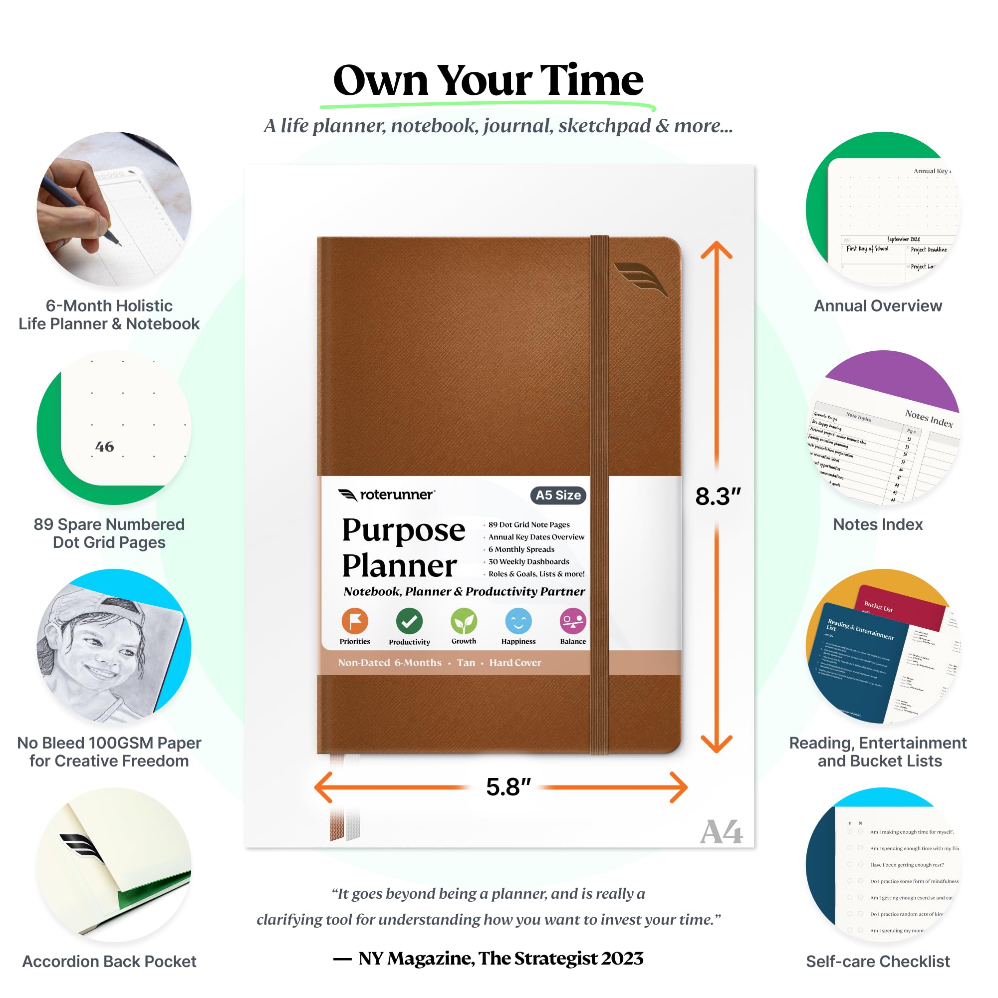 Purpose Planner A5 Undated Monthly Weekly Daily Productivity Journal 2024 Life Health Goal Setting Business Tool for Professionals Moms Academic Student Organizer Notebook (5.8"x8.3" Tan Hardcover) - Image 2