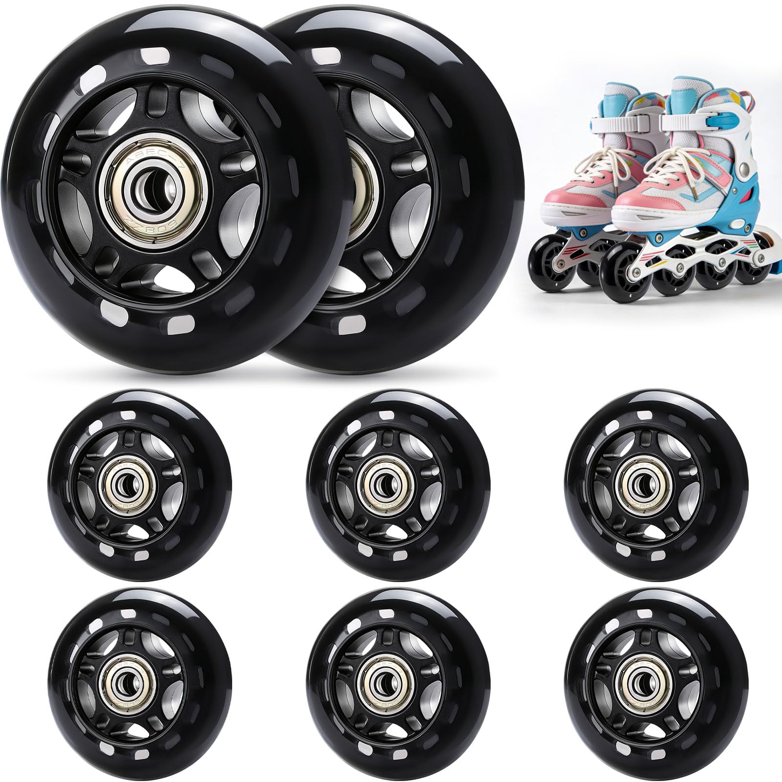 TOBWOLF Lot de 8 roues de patins à roulettes de rechange avec roulements ABEC 7, noir 70 mm/76 mm, dureté 82A/84A, unisexe