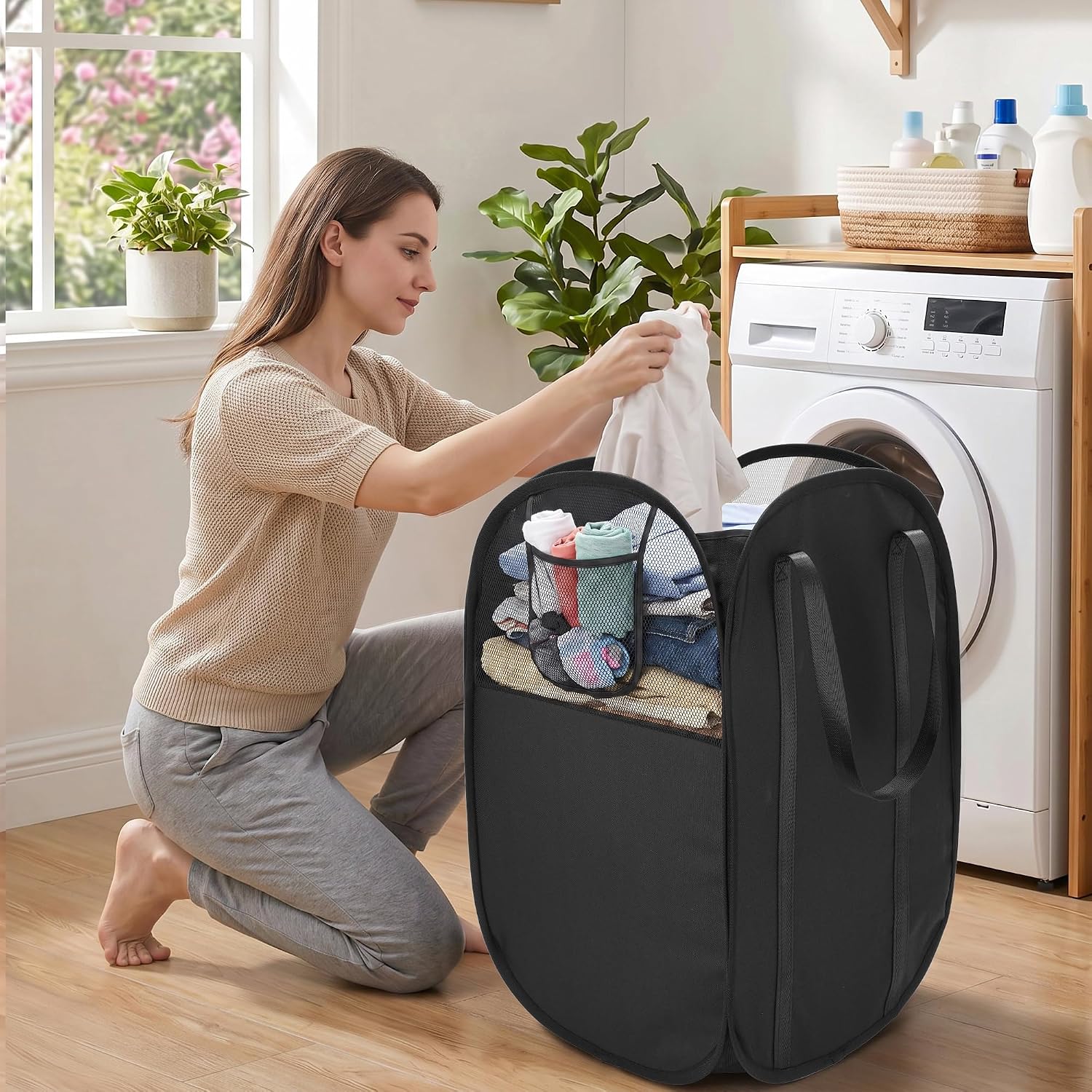 100L Collapsible Laundry Baskets, Easy Carry Foldable Clothes Hamper, Black | Lightweight, Side Pocket, Easy to Carry, Tear-resistant Fabric, Space-saving, for Laundry, Bedroom, Dorm, Home Storage,Travel