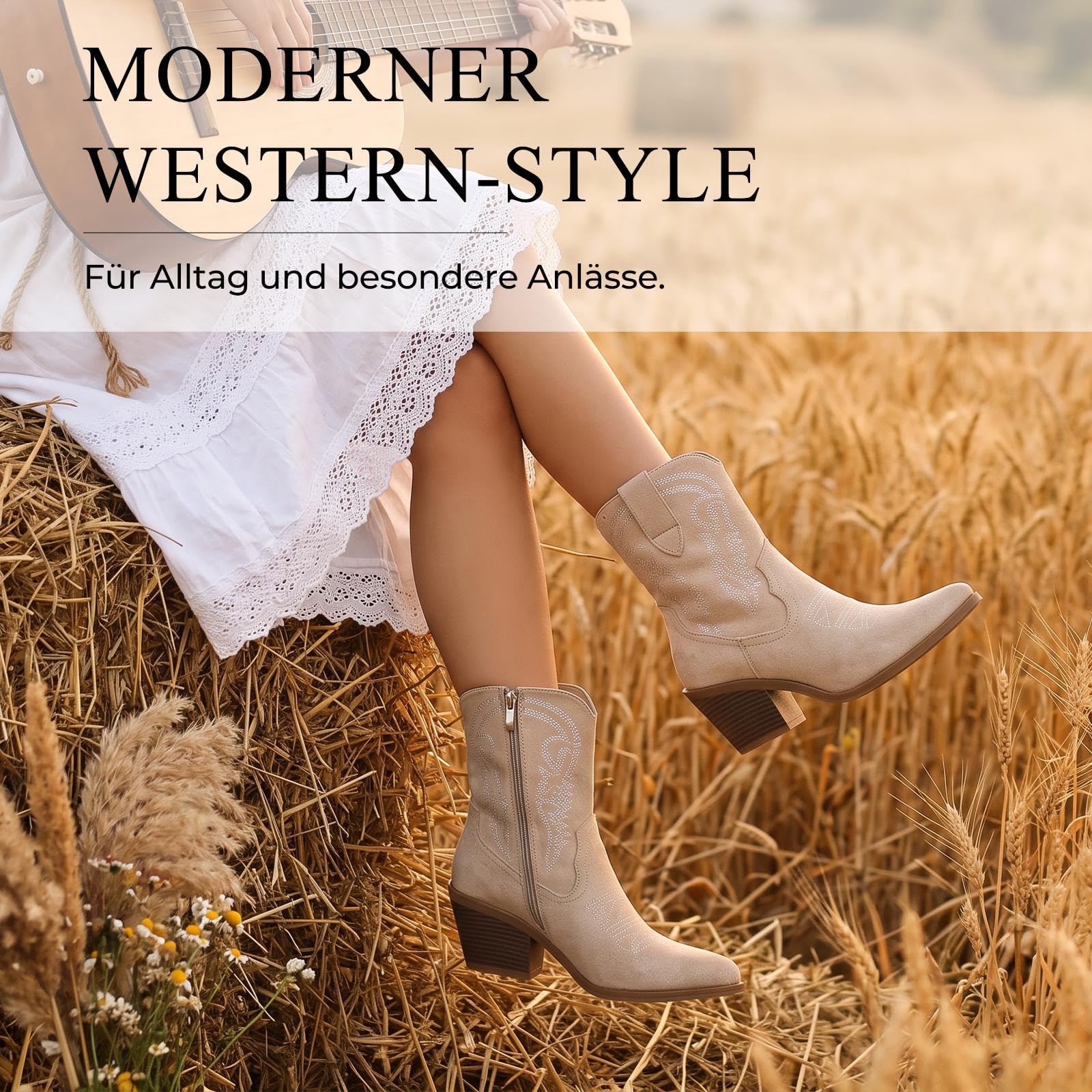 Putu Damen Stiefeletten Western Boots mit Stickerei Absatz 36-42