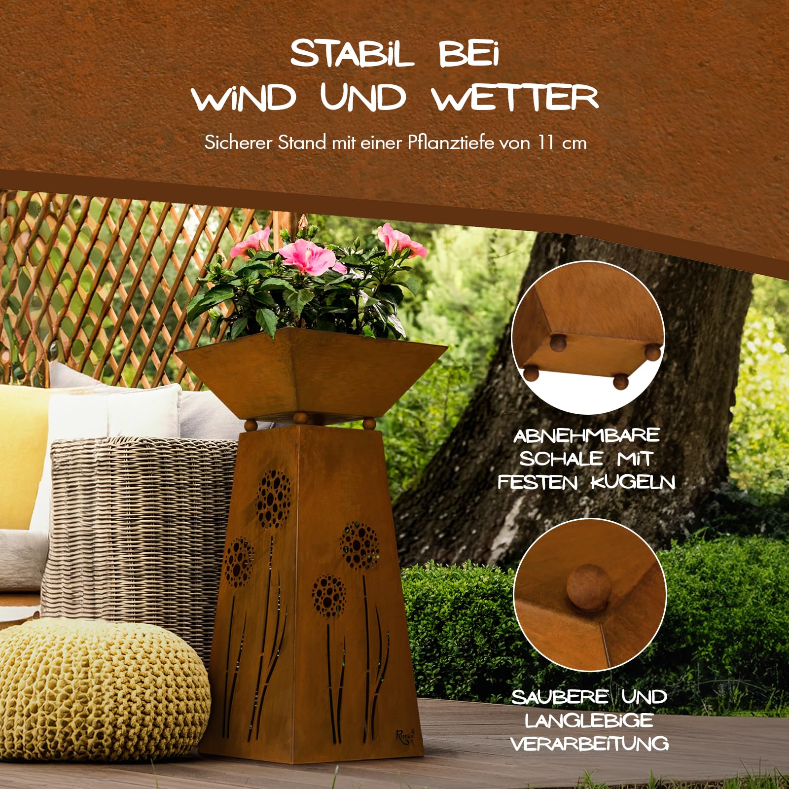 Rostikal Blumensäule Outdoor Metall - 72 cm - Pflanzsäule mit Schale Abnehmbar - Handgefertigte Edel-Rost Gartendeko - Wetterfeste Deko für Frühling, Garten, Wohnzimmer, Balkon | Outdoor Pflanzständer und Blumenständer aus Metall - Rostsäule, Dekosäule fü