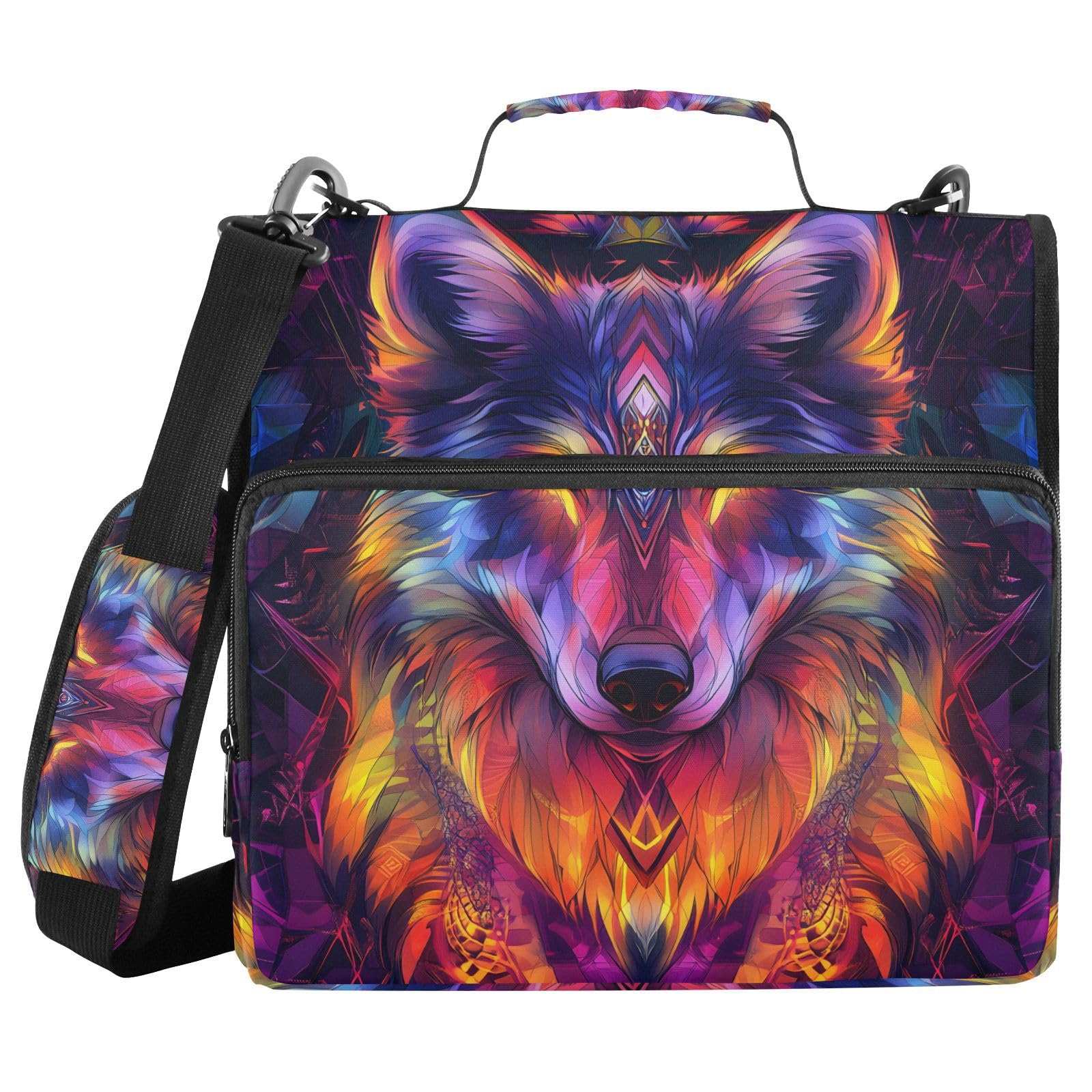 Wolf Colorful Zipper Binder Bag 3 Ring Binder with Shoulder Strap Zip Up 500 Sheets Capacity Multi Pockets for School Office Supplies