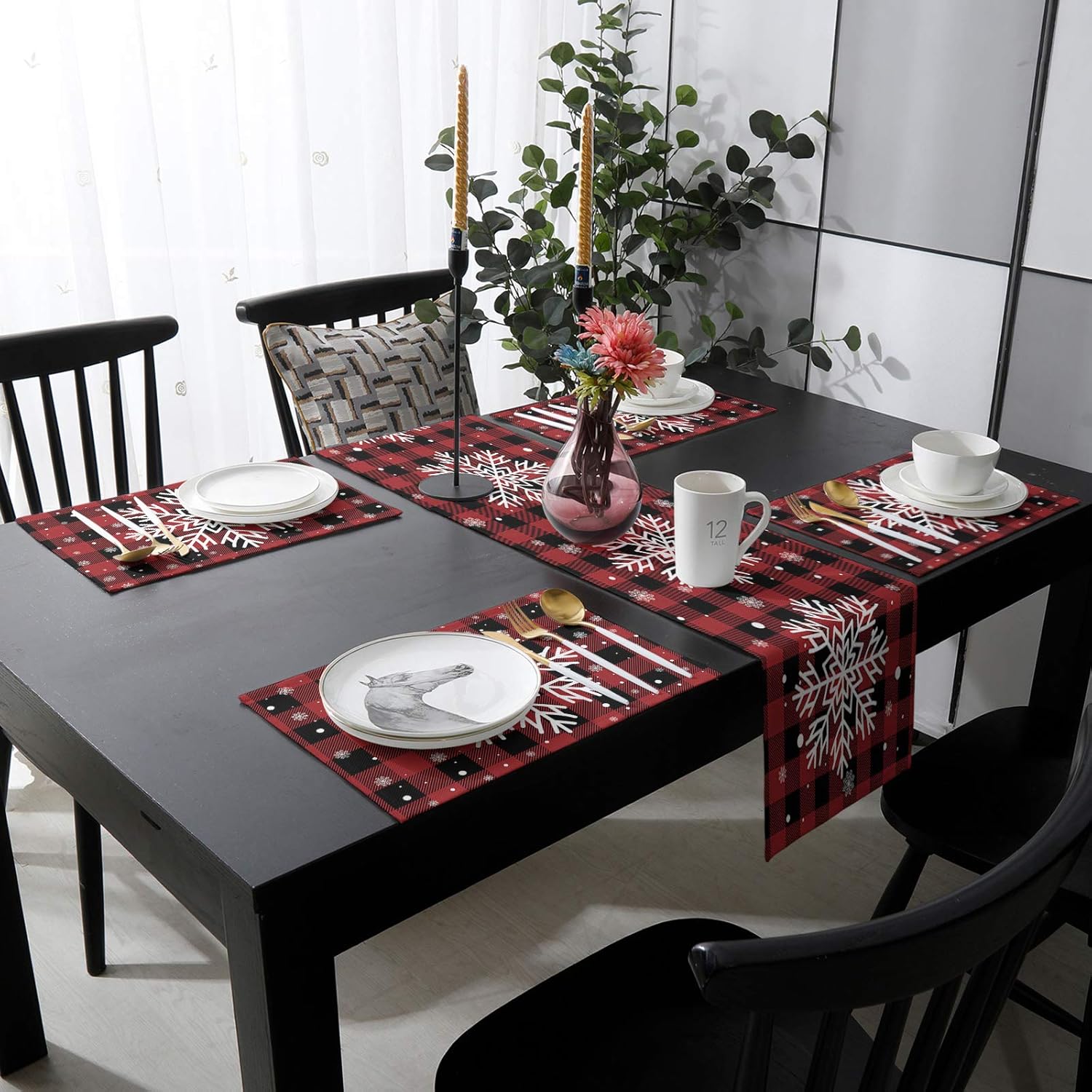 YOKOU Table Runner and Placemats Set 6 Pack,Christmas Snowflake Print Red and Black Buffalo Check Plaid Cotton Linen Dining Table Decoration Washable Tabletop for Home Decor Daily Use