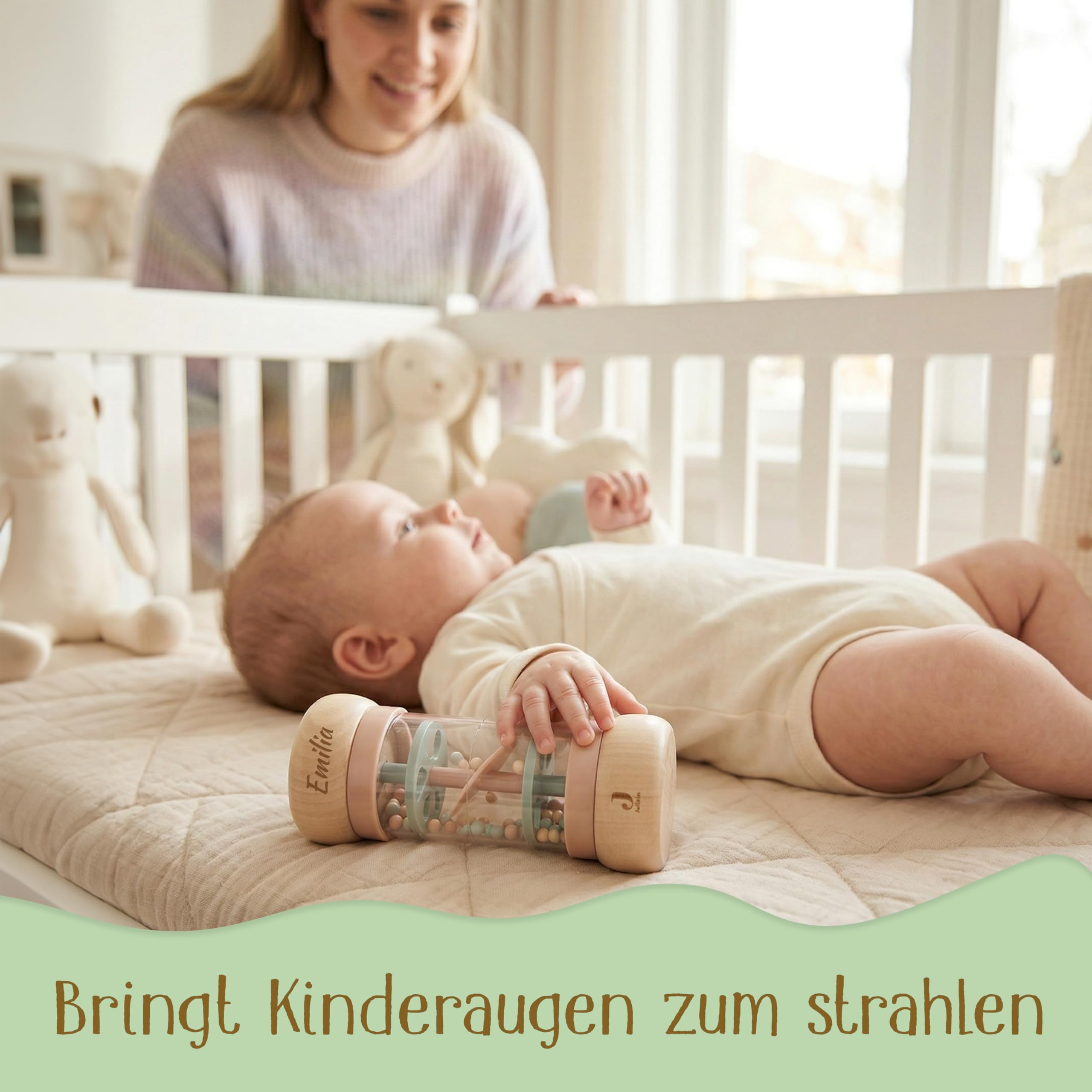 Regenmacher personalisiert mit Name – FSC Holz Baby Rassel ab 3 Monate – Geschenk zur Geburt, Taufe, Geburtstag, Motorikspielzeug Baby Mädchen – Holzspielzeug mit Gravur