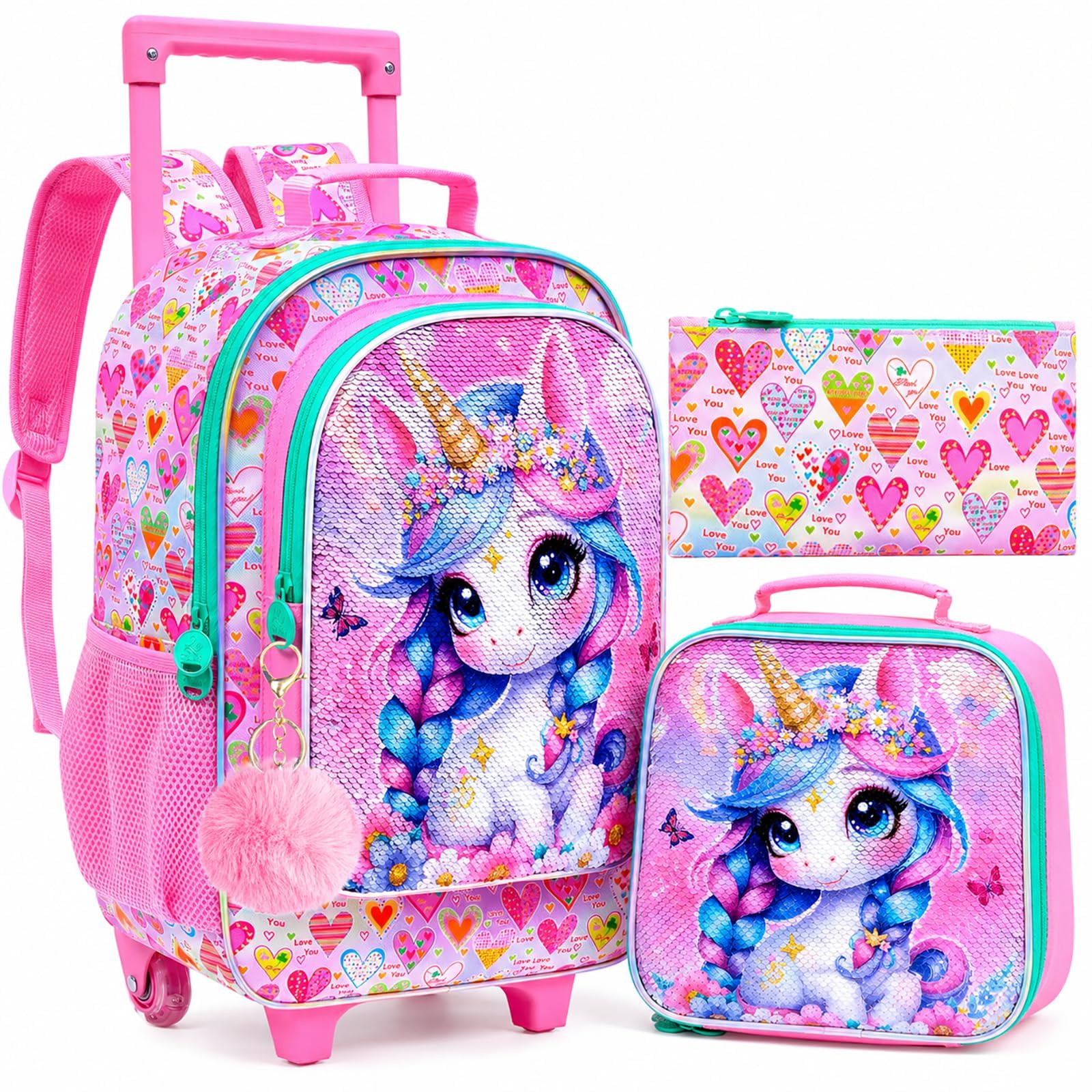 CCJPX 18" Unicorn Rolling Backpack for Girls, 3Pcs Kids Wheeled Bookbag with Lunch Box, Lightweight Roller School Bag for Elementary Preschool (Pink)