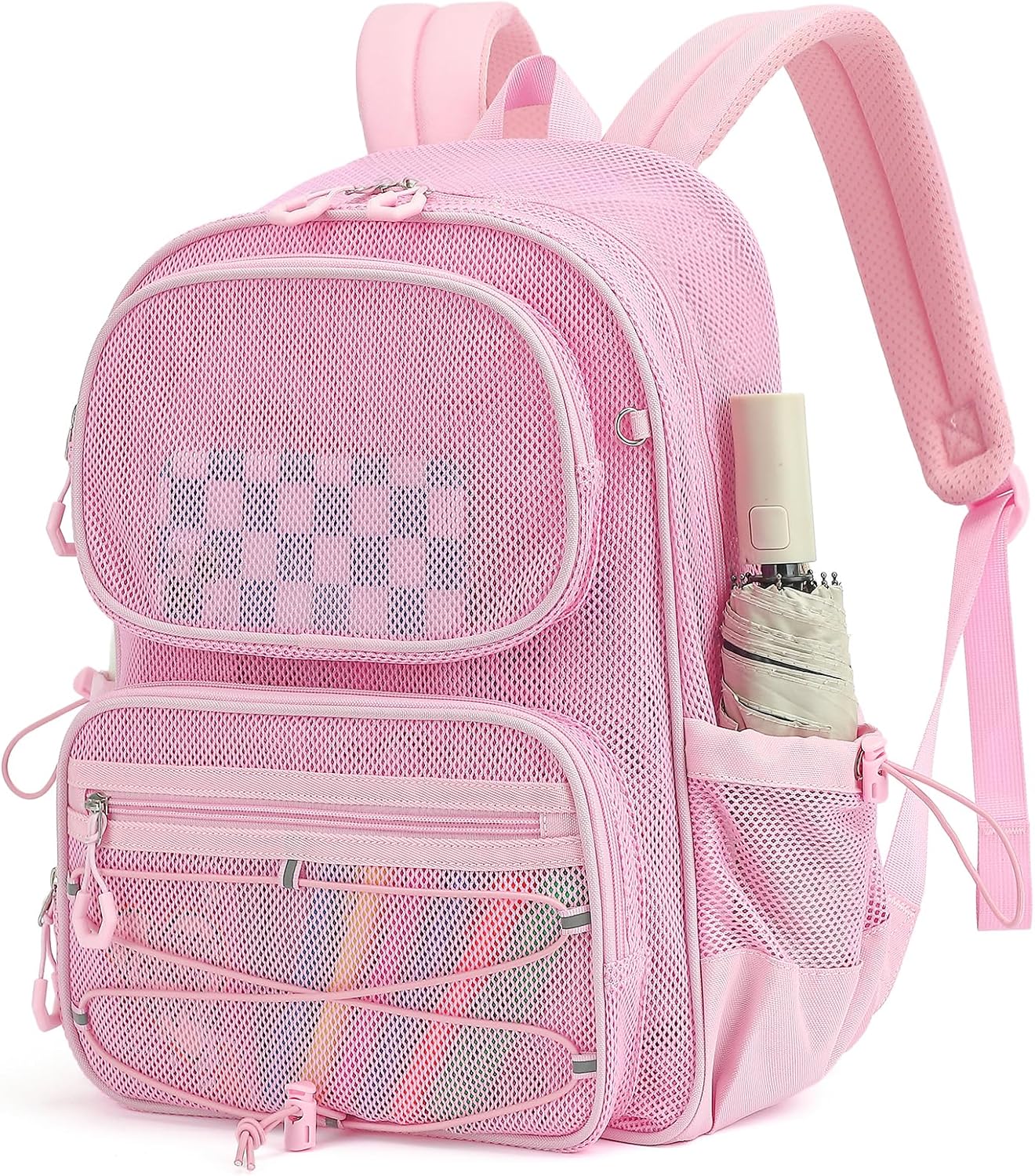 MUSEVOS Mesh Backpack, Heavy Duty See Through Backpack Ultra-Lightweight Net Bookbag Breathable Transparent Bookbag for School Beach Sports Gym Travel, Pink