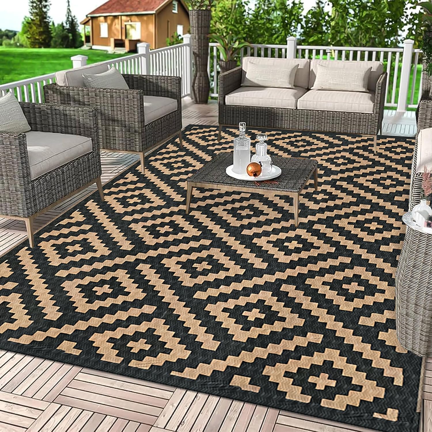 Dwustronna Mata na Zewnątrz 150x240 BrąZowo-Czarny Dywanik na Taras, Składane Dywaniki Kempingowe, Odwrócony Wodoodporny Dywanik z Plastikowej Słomy na Patio, Ogród, Balkon, Podwórz