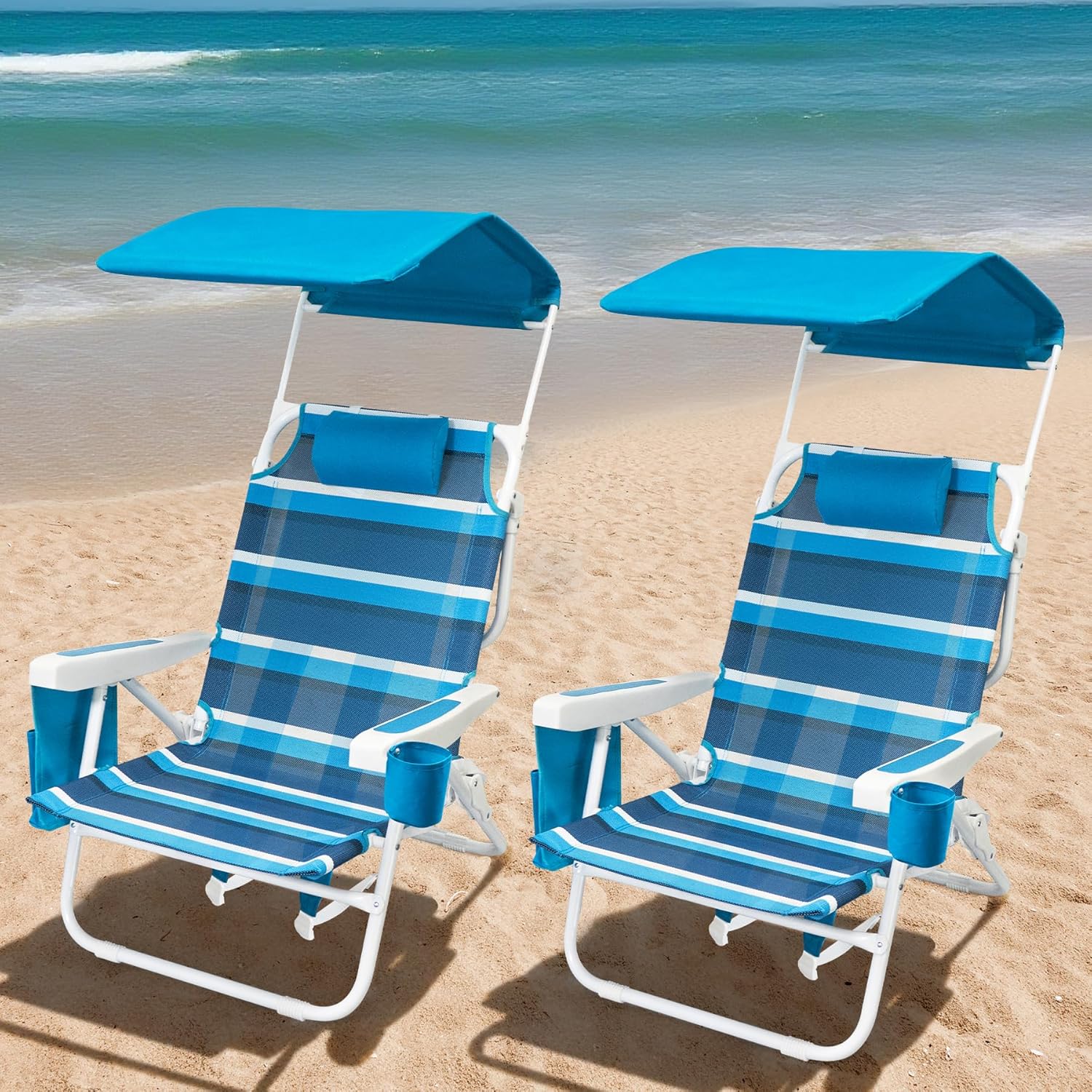 Beach Chair 2 Pack, 5 Positions Textilene Folding Reclining Beach Chair with Backpack Straps, Cooler Bag & Cup Holder for Outdoor Lawn Camping Blue Stripe With Canopy