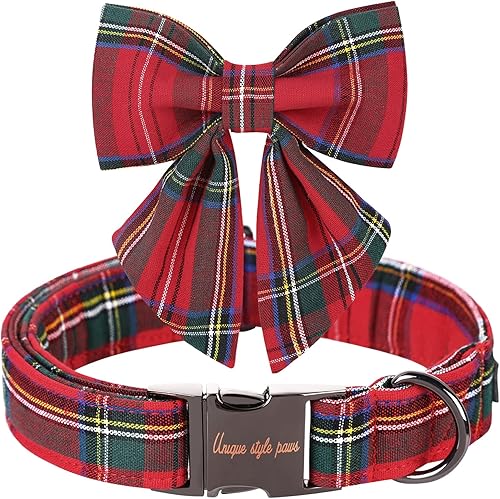 Unique style paws Collar de Navidad para perro con pajarita, collar de cachorro a cuadros rojos para perros pequeños, medianos y grandes como regalo