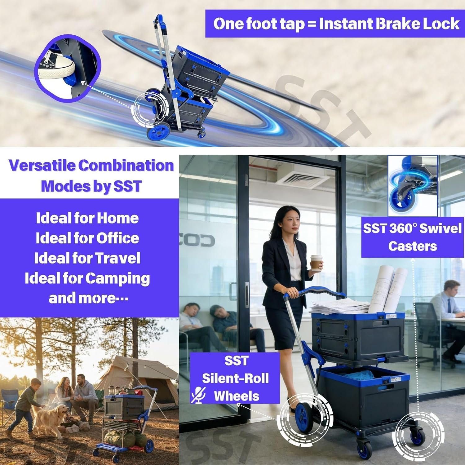 SST Collapsible Shopping Cart, 200LBS Capacity Multi Functional Utility Cart with 2 Storage Crate, Adjustable Handle Grocery Cart on Wheels for Grocery Shopping, Warehouse, Office, Supermarket