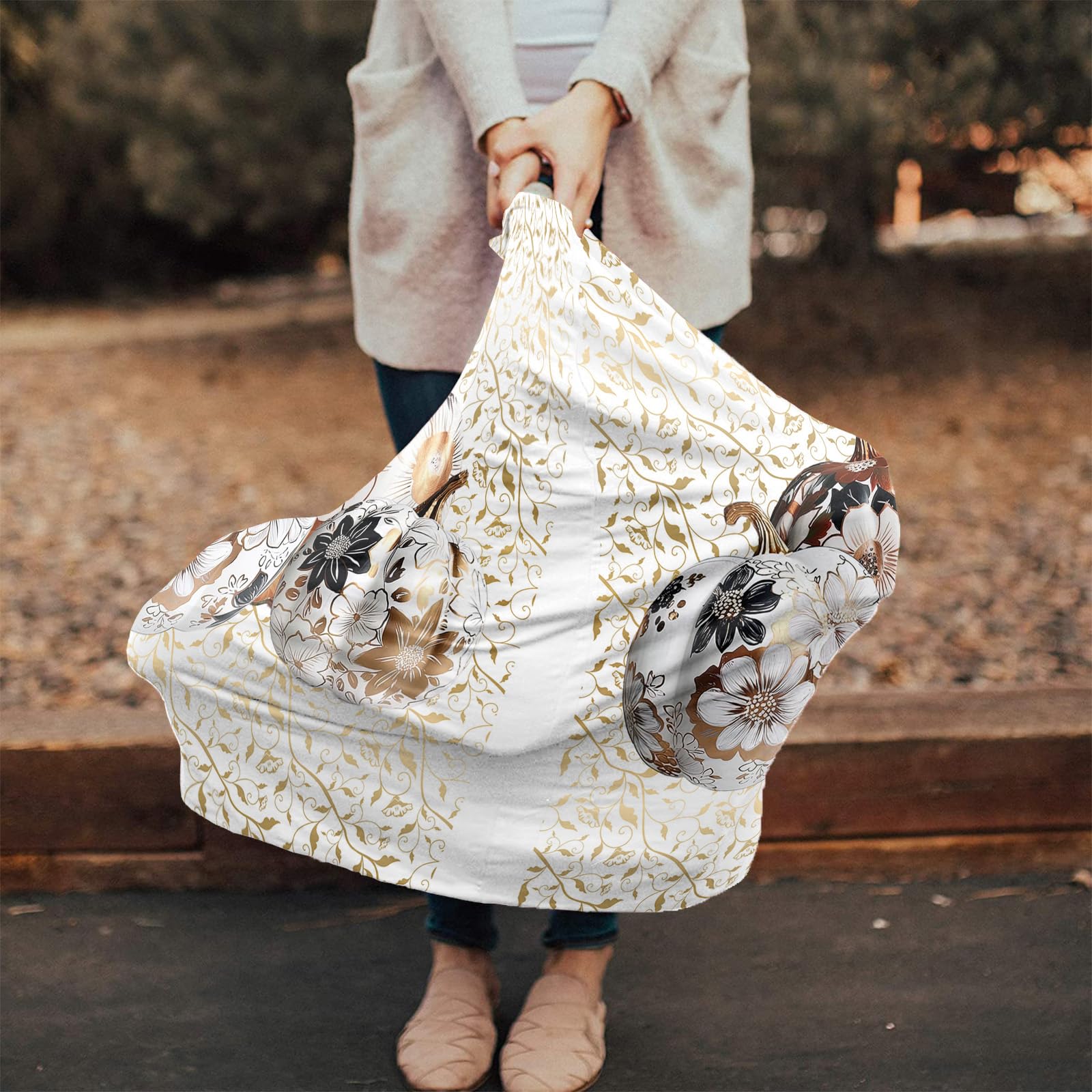 Nursing Cover for Breastfeeding Scarf, Gold Flower Leaves Pumpkin Fall Thanksgiving Baby Car Covers Super Soft Multi Use for Canopy Shopping Cart Cover Blanket Stroller Cover