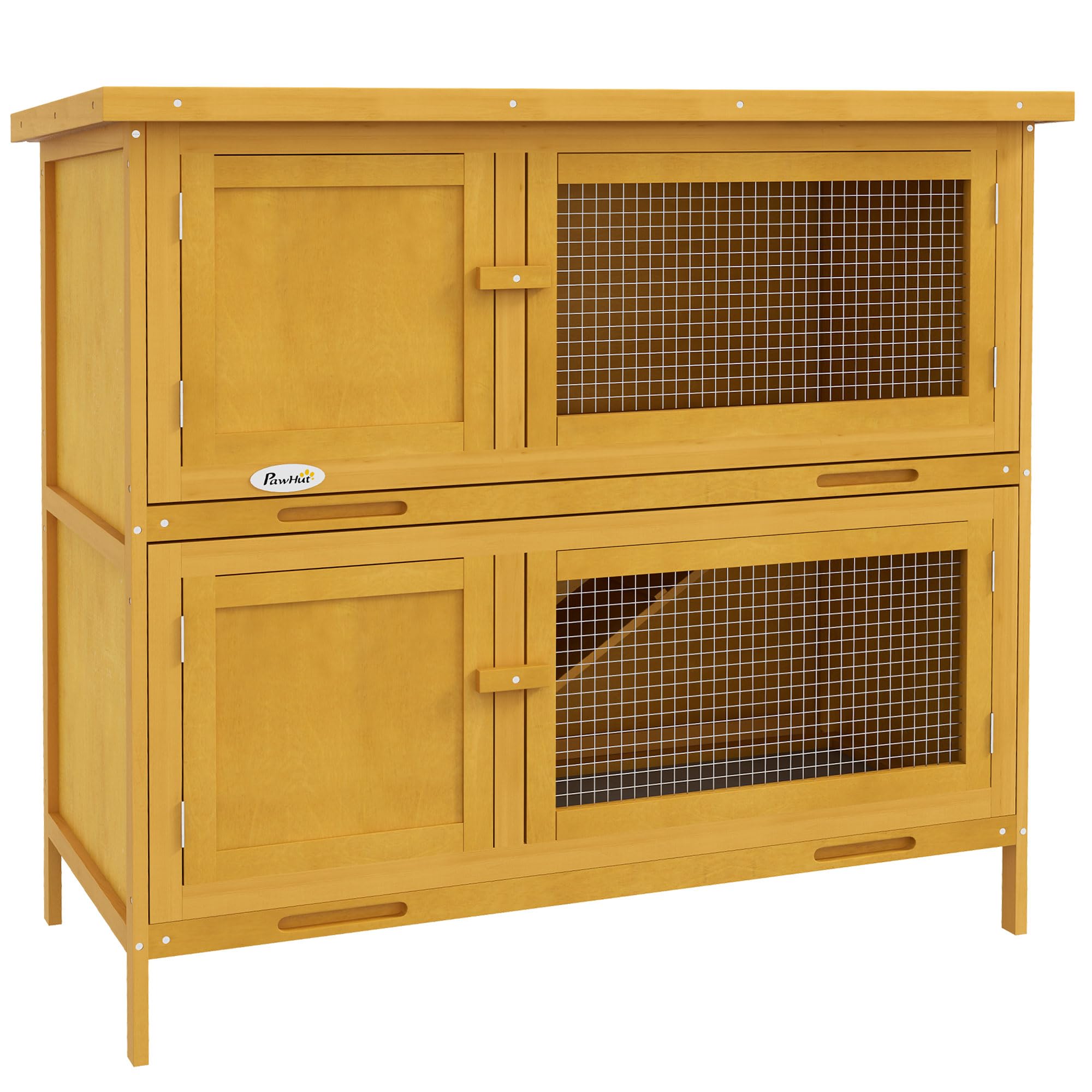PawHut Conigliera da Esterno a 2 Livelli con Rampa Antiscivolo, 2 Vassoi Estraibili e 4 Porte con Serratura, Conigliera in Abete e Tetto in Bitume, 97x44x91 cm, Giallo
