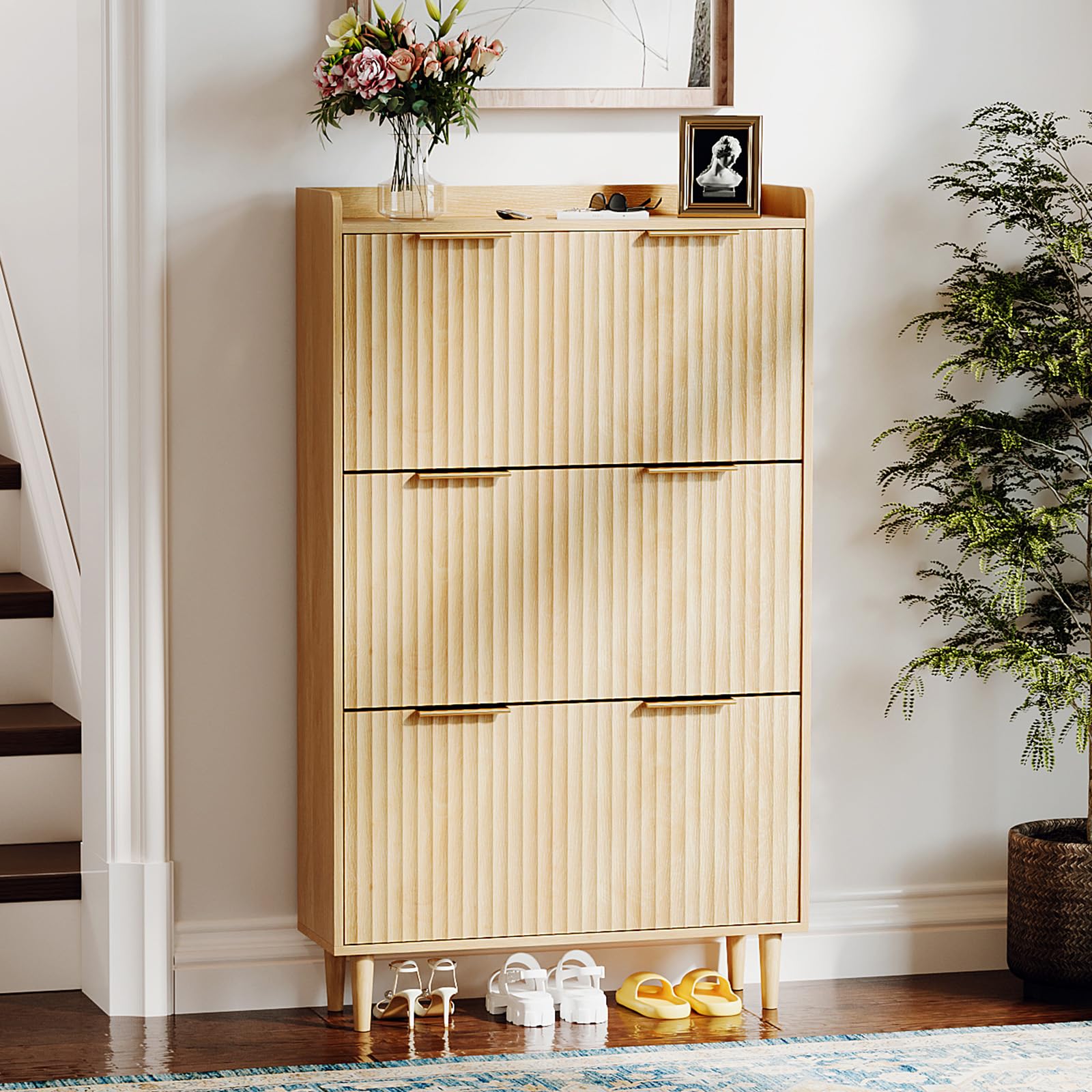 Bonnlo Grille Shoe Cabinet, Shoe Cupboard with 3 Flip Drawers and 1 Baffle, Gold Handles Hallway Storage Unit, 3D Embossed Shoe Rack Cabinet for Entryway,Closet (Oak)