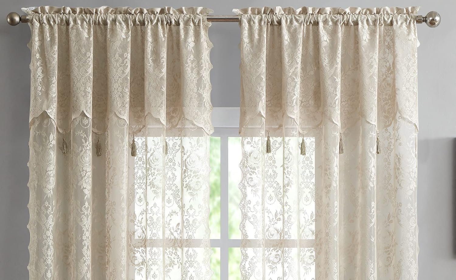 Warm Home Designs Pair of 2 Brown Linen Color Standard Length 54” (W) x 84” (L) Semi Sheer Lace Curtain Panels & Attached Valances with 6 Tassels. Classic Elegant English Rose Pattern. L Linen 84”