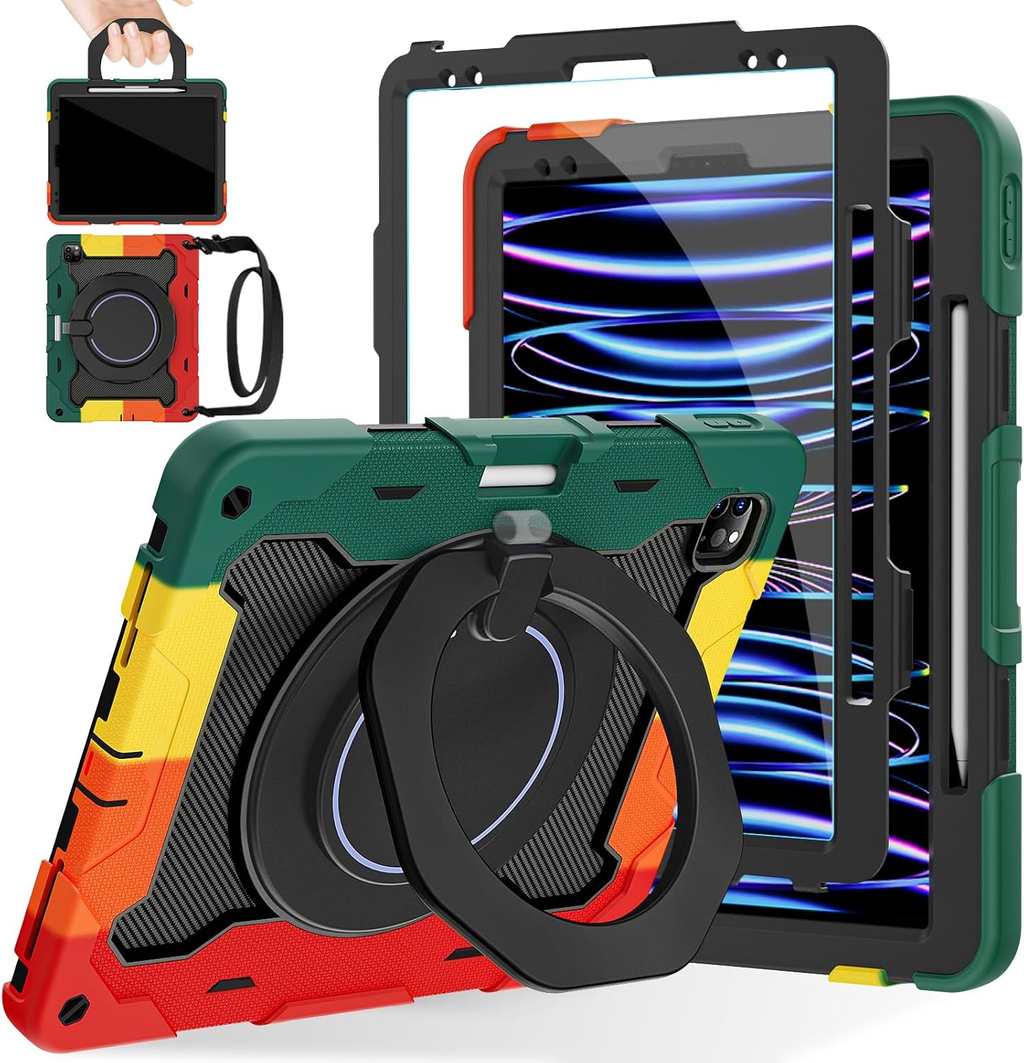 ROISKIN for iPad Pro 12.9 -Inch Case (6th, 5th, 4th & 3rd Gen)with HD Screen Protector, 360 Stand, Handle, Pencil Holder,Shoulder Strap[15ft Drop Protection]Rugged Bulky Full Body 12.9 iPad Pro Case