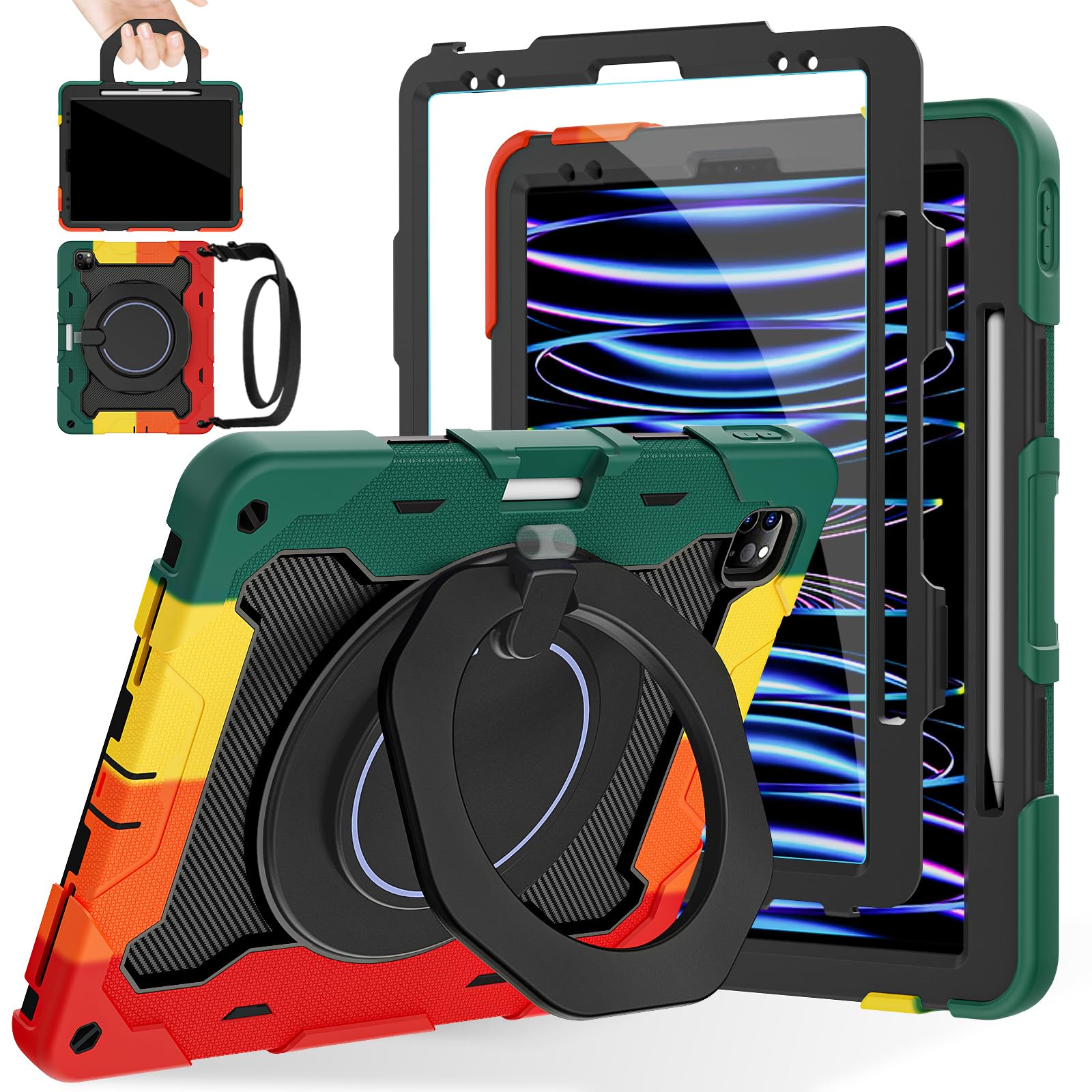 ROISKIN for iPad Pro 12.9 -Inch Case (6th, 5th, 4th & 3rd Gen)with HD Screen Protector, 360 Stand, Handle, Pencil Holder,Shoulder Strap[15ft Drop