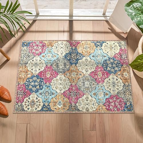 Alfombras de 2 x 3 pies para entrada, alfombra pequeña lavable antideslizante para puerta de interior de cocina y baño, alfombra oriental para