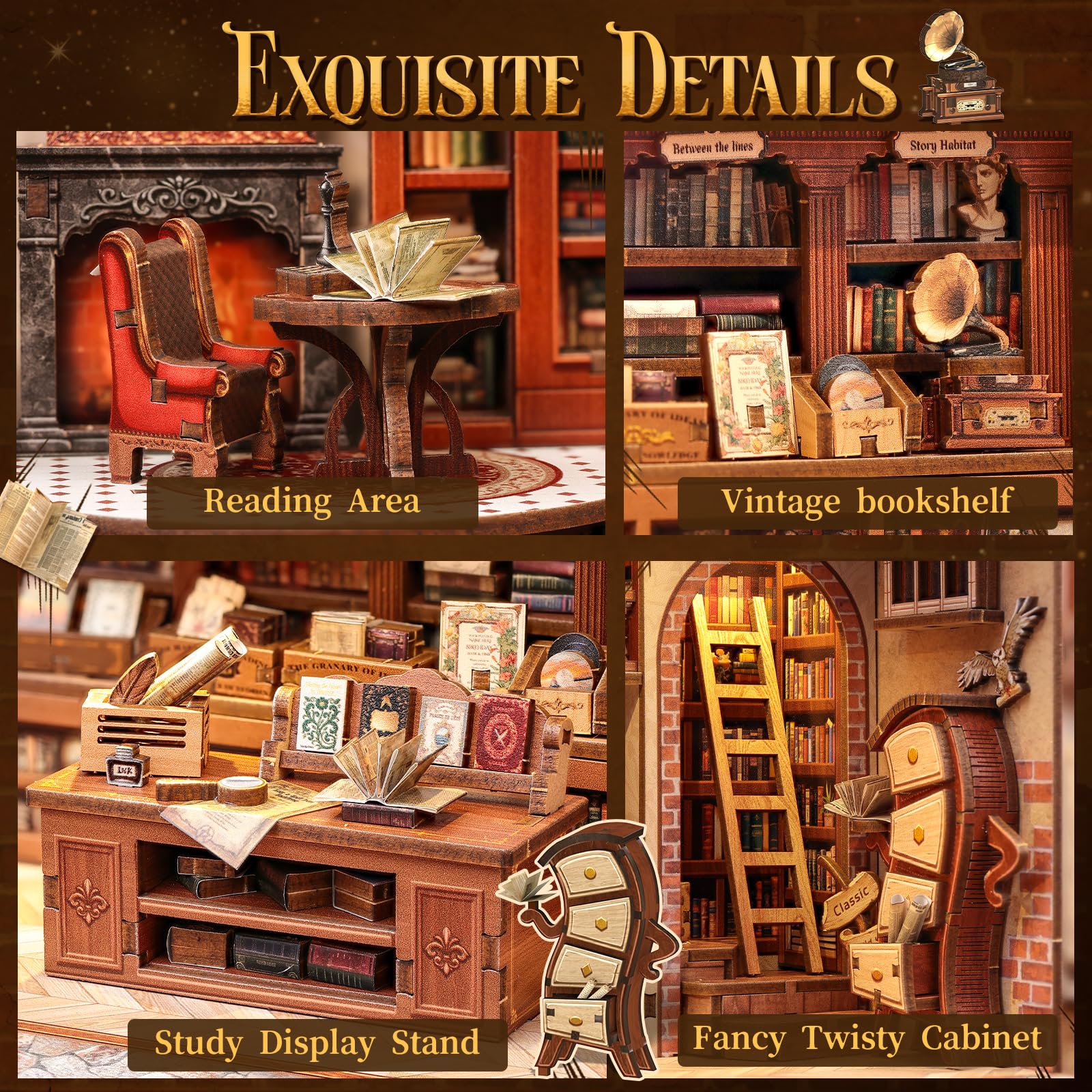 CUTEBEE Book Nook Kit – Casa delle bambole per adulti, incantevole libreria britannica, casa in miniatura con illuminazione a LED, decorazione per libreria, regalo unico per gli amanti dei libri