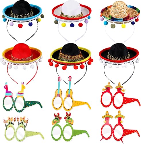 12 piezas de suministros para fiestas de Cinco De Mayo incluye 6 diademas de tela y paja con 6 piezas de decoración de fiestas de fiesta de papel
