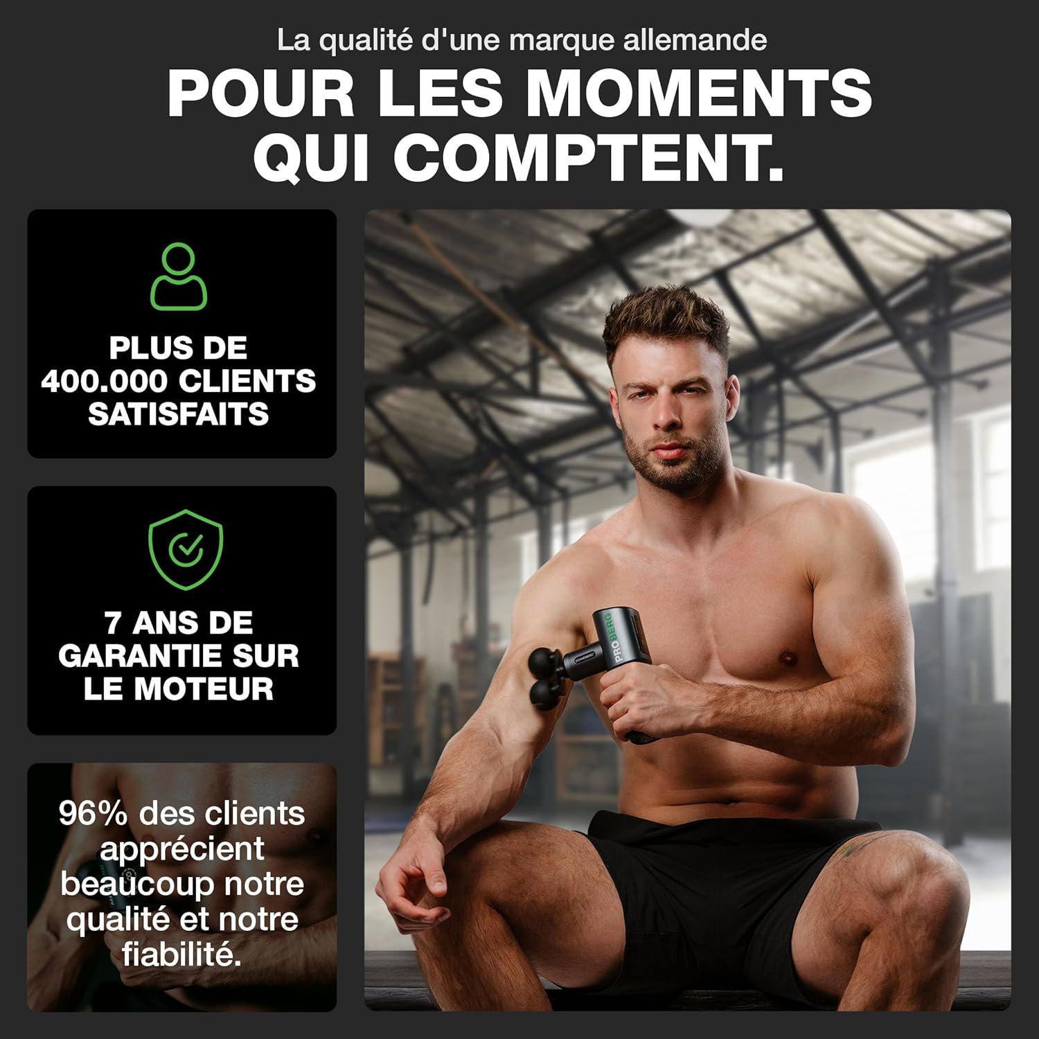 Man using the Donnerberg Proberg massage gun, with text highlighting 7-year motor warranty and high customer satisfaction