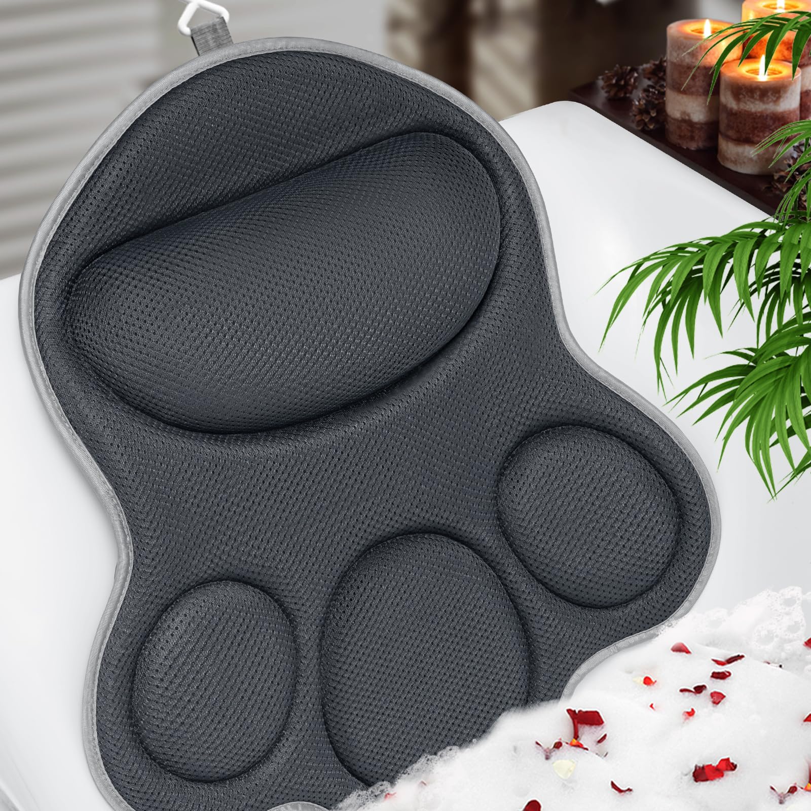 Luxury Bath Pillows for Tub – Extra Thick Non-Slip Bathtub Pillow with Rubber Back, Head & Neck Support for Soaking, Spa Bath Accessories, for Women, Fits All Bathtubs (Gray)