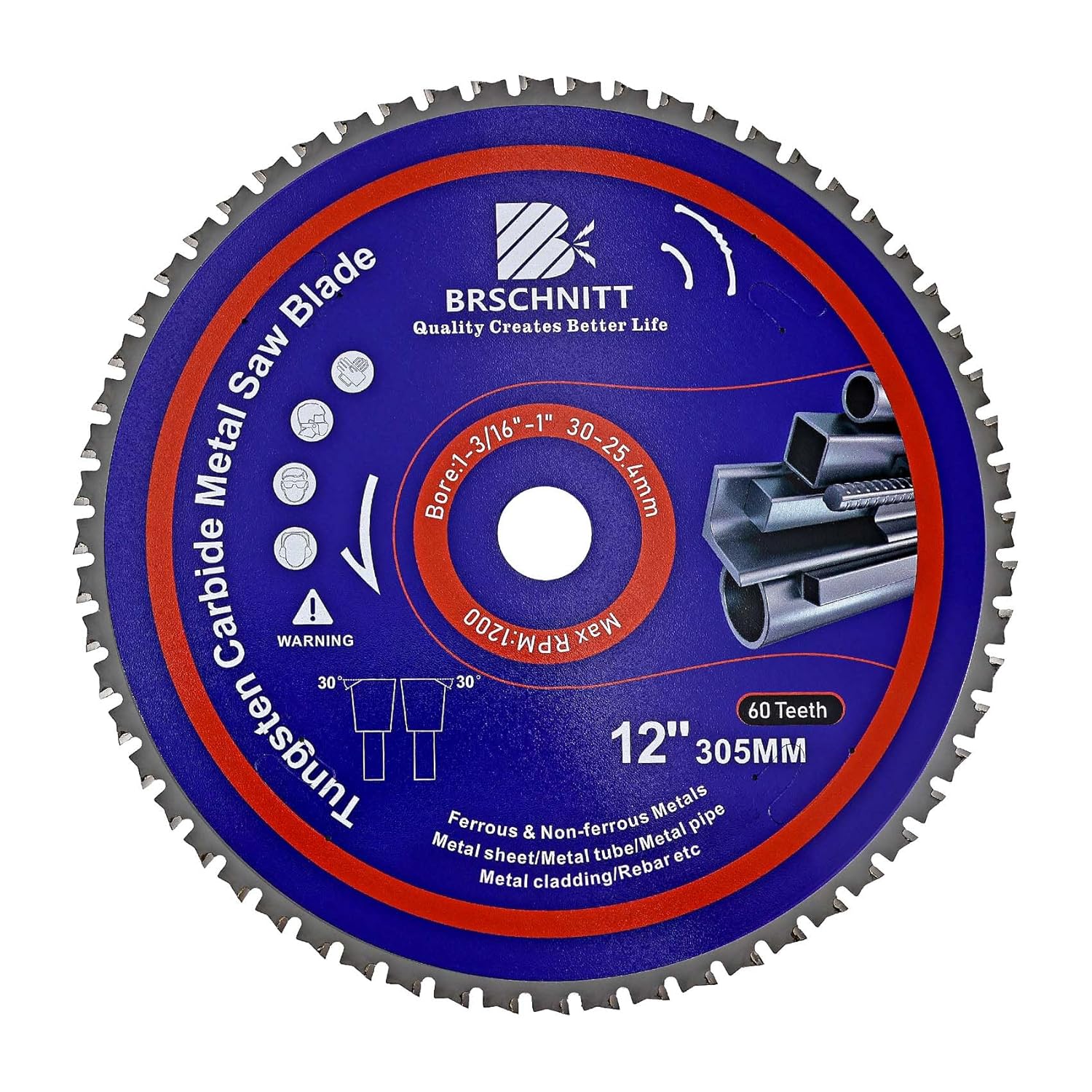 12" Metal Cutting Circular Saw Blade - BRSCHNITT Tungsten Carbide Tipped TCT Saw Blades for Iron, Iron Pipe, Ferrous Metals 60T Arbor:1-3/16"/1"