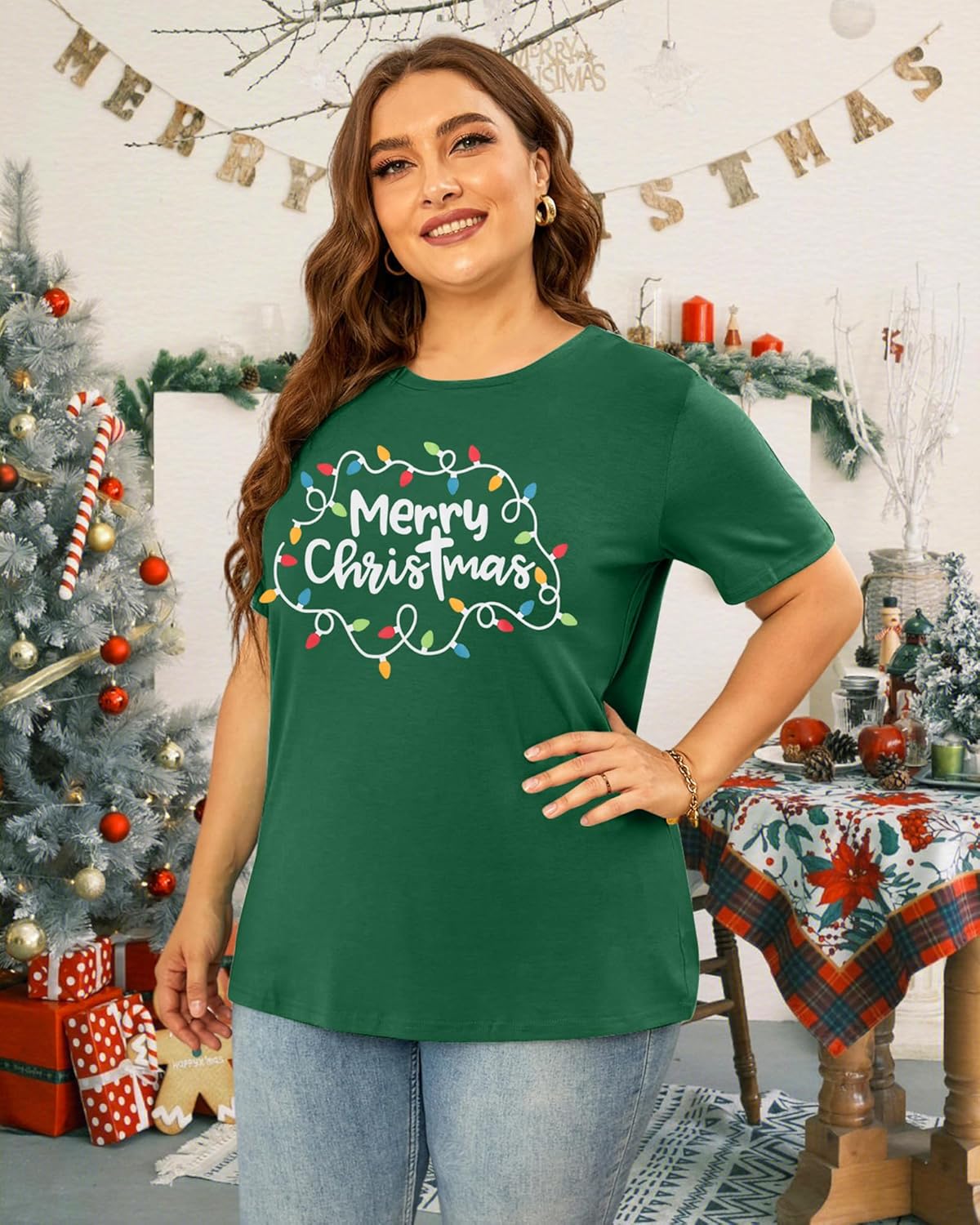 Merry Christmas Plus Size Shirt Women Christmas Lights T Shirt Xmas Short Sleeve Tees Funny Holiday Tops - Image 3