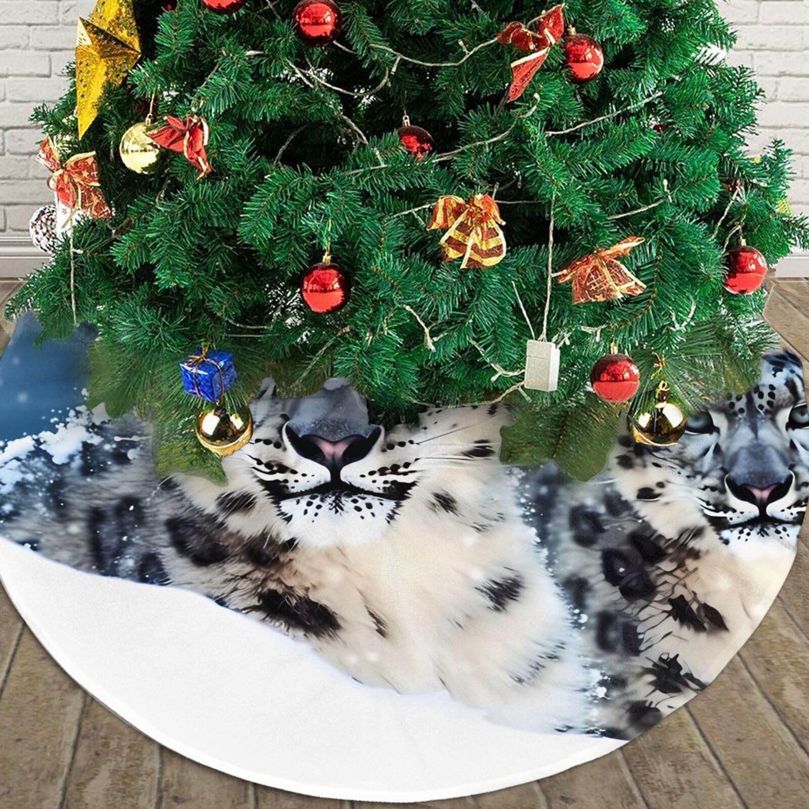 Blue Eyed Snow Leopard Christmas Tree Skirt 36" Plush Soft Artificial Tree Mat Cover Merry Christmas Xmas Tree Skirt for Christmas Decoration Holiday Indoor Outdoor Winter Party Decor