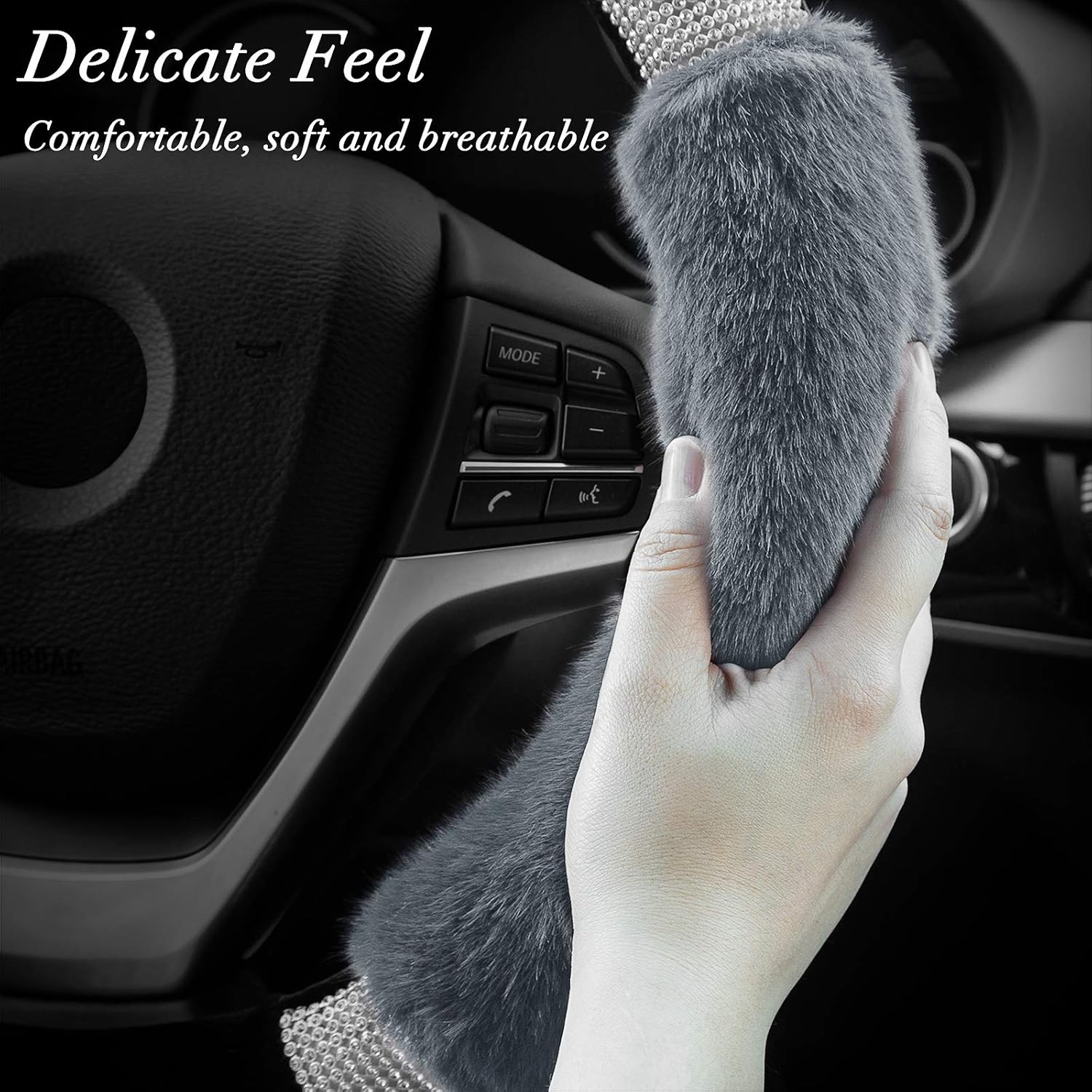 Achiou Rhinestone Fluffy Steering Wheel Cover - Comfortable Non-Slip Luxury Faux Wool, Universal Fit for 14.5" to 15" Steering Wheels