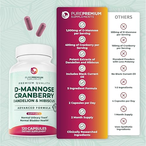 Miniatura 7 de PurePremium D-manosa con arándano, hibisco y diente de león, suplementos de D-manosa de 1000 mg para mujeres, apoya la salud del tracto urinario y