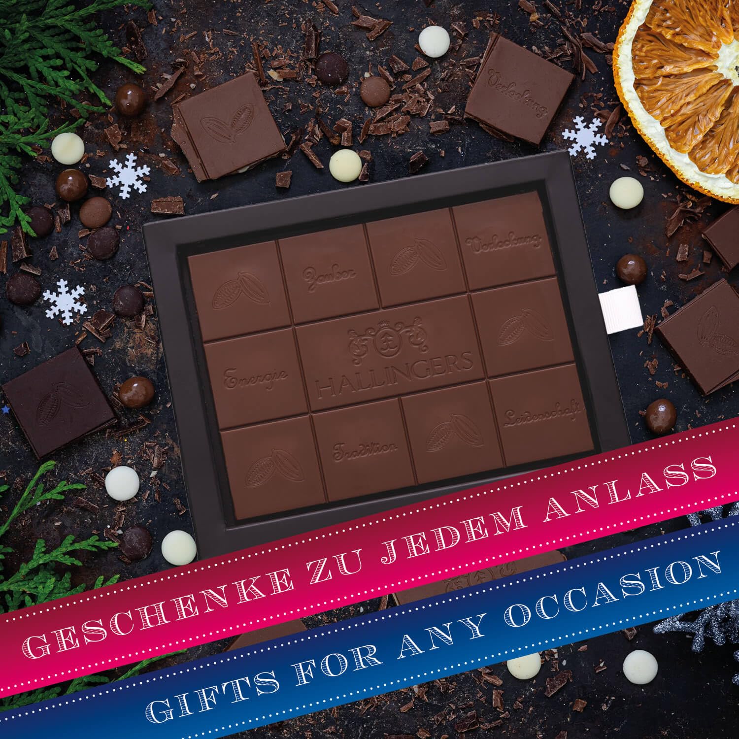 Hallingers Genuss Manufaktur Schokolade Weihnachts-Geschenk - Tafel Edelkakao handgeschöpft ohne Alkohol edler Karton 10x "Fröhliche Weihn..." Orange, Weihnachten für Frauen Männer