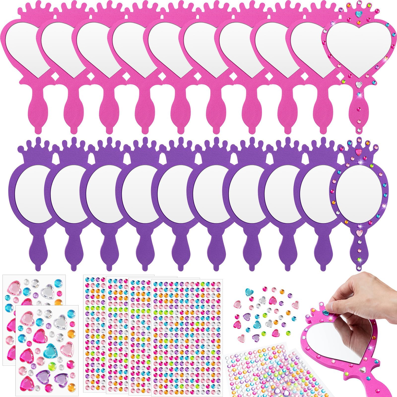 Geetery 20 Pcs Unbreakable Kids Mirror DIY Decorate Your Own Princess Mirror Mermaid Princess Foam Small Crafts for Princess Party Decorations(Purple, Pink)