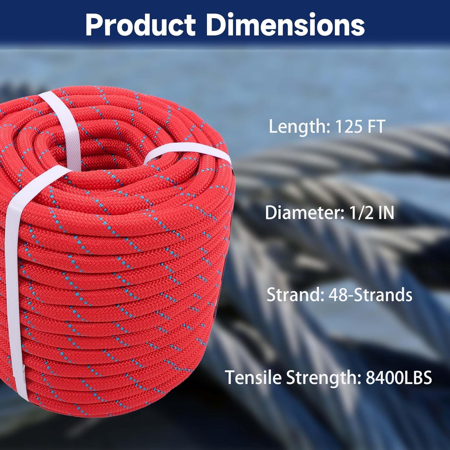 1/2 in Braid Polyester Rope, 125 FT Arborist Rigging Tree Rope for Camping Swings Gardening Marine (Red)