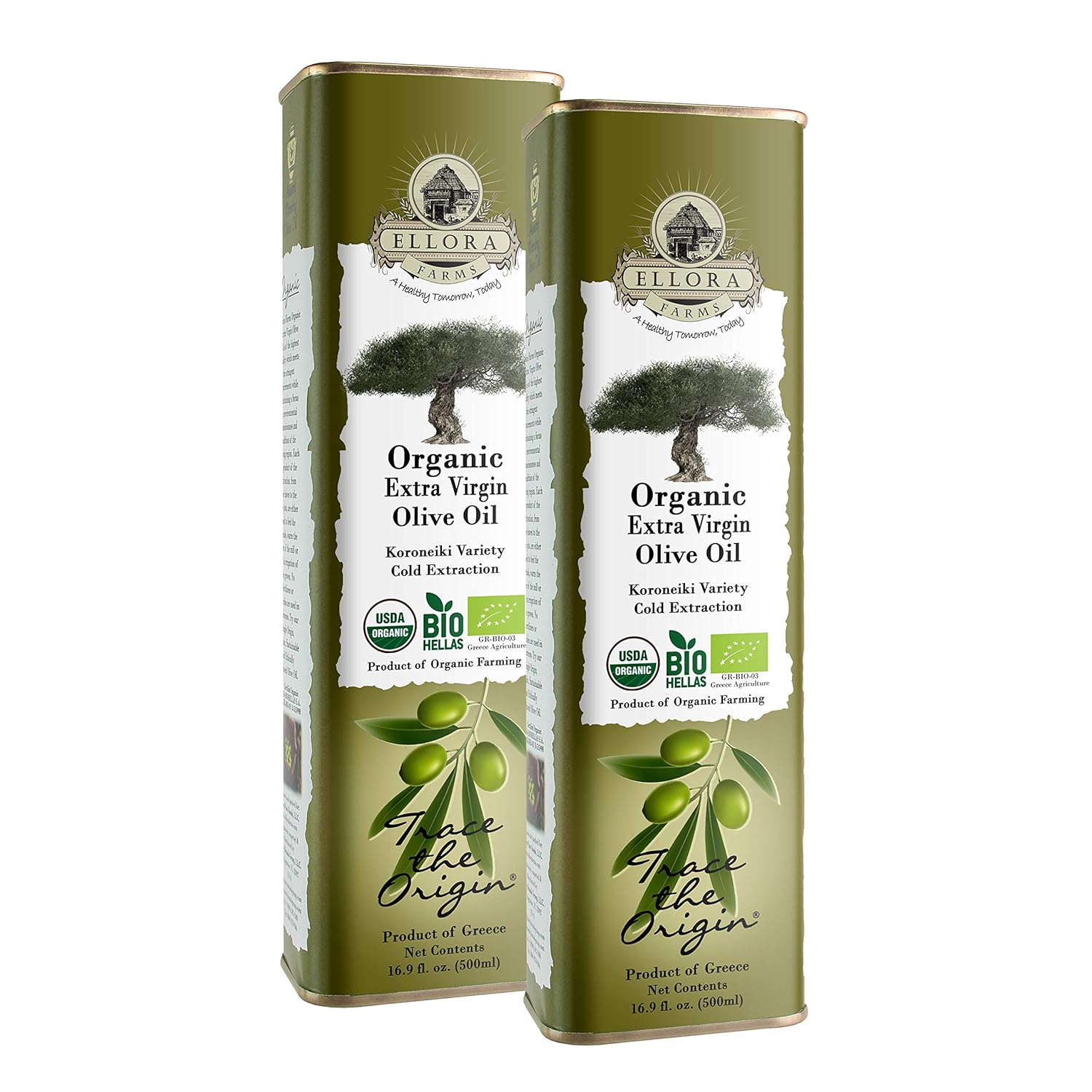 Ellora Farms, Organic Extra Virgin Olive Oil, High in Phenols, Cold Press, Traceable Single Origin Extra Virgin Greek Olive Oil, Kosher, 17 oz. tin, Pack of 2
