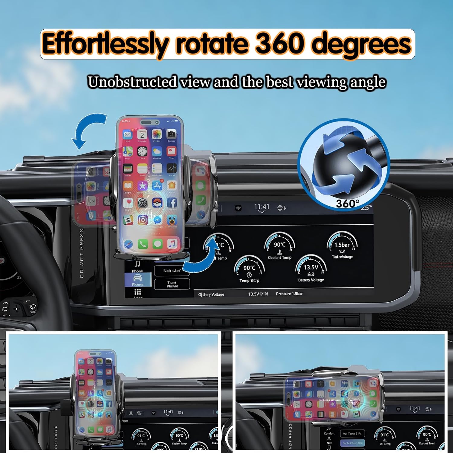 Car Phone Mount for Wrangler 2024-2025 & Gladiator JT 2024-2025, 15W Fast Charging Auto-Clamping Jeep Phone Holder, 360° Adjustable Fit 12.3" Screen, Phone Holder for Jeep Wrangler Car Accessories