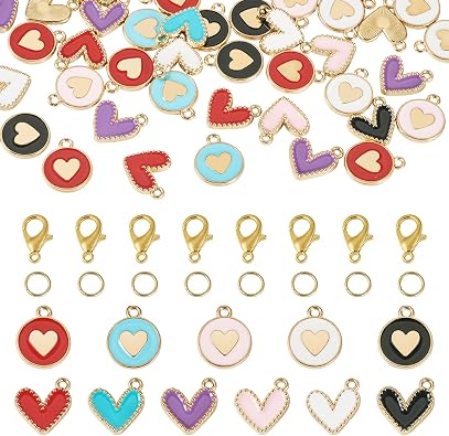 48Pcs Enamel Heart Charms Flat Round Love Heart Dangle Charms with Golden Lobster Claw Clasps Jump Rings Valentine Pendants for DIY Earring Bracelet Necklace Jewelry Making Supplies