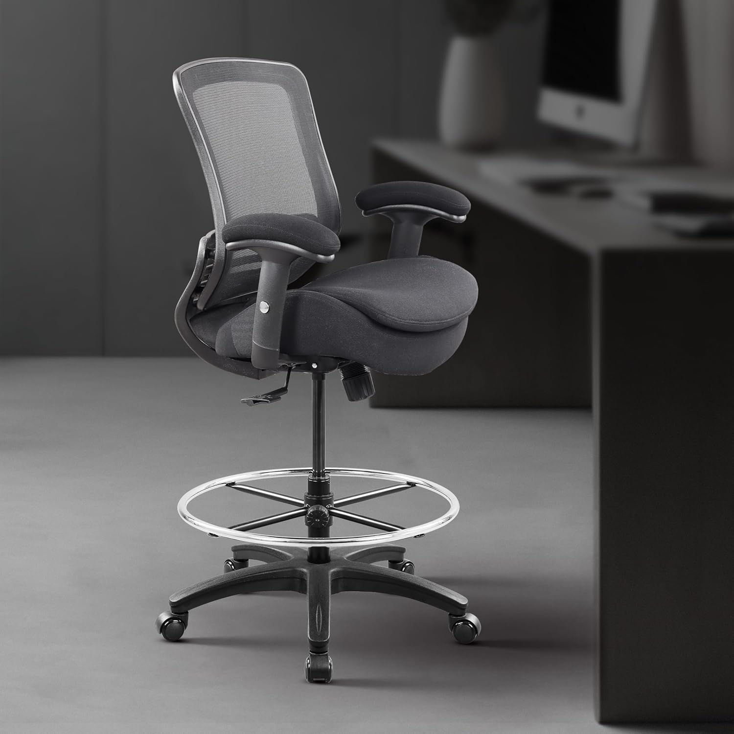 BOLISS 400lbs Ergonomic Office Drafting Chair Mid Mesh Back for Height Adjustable Desk 21inch Foot Ring Height Adjustable Armrest (Black)