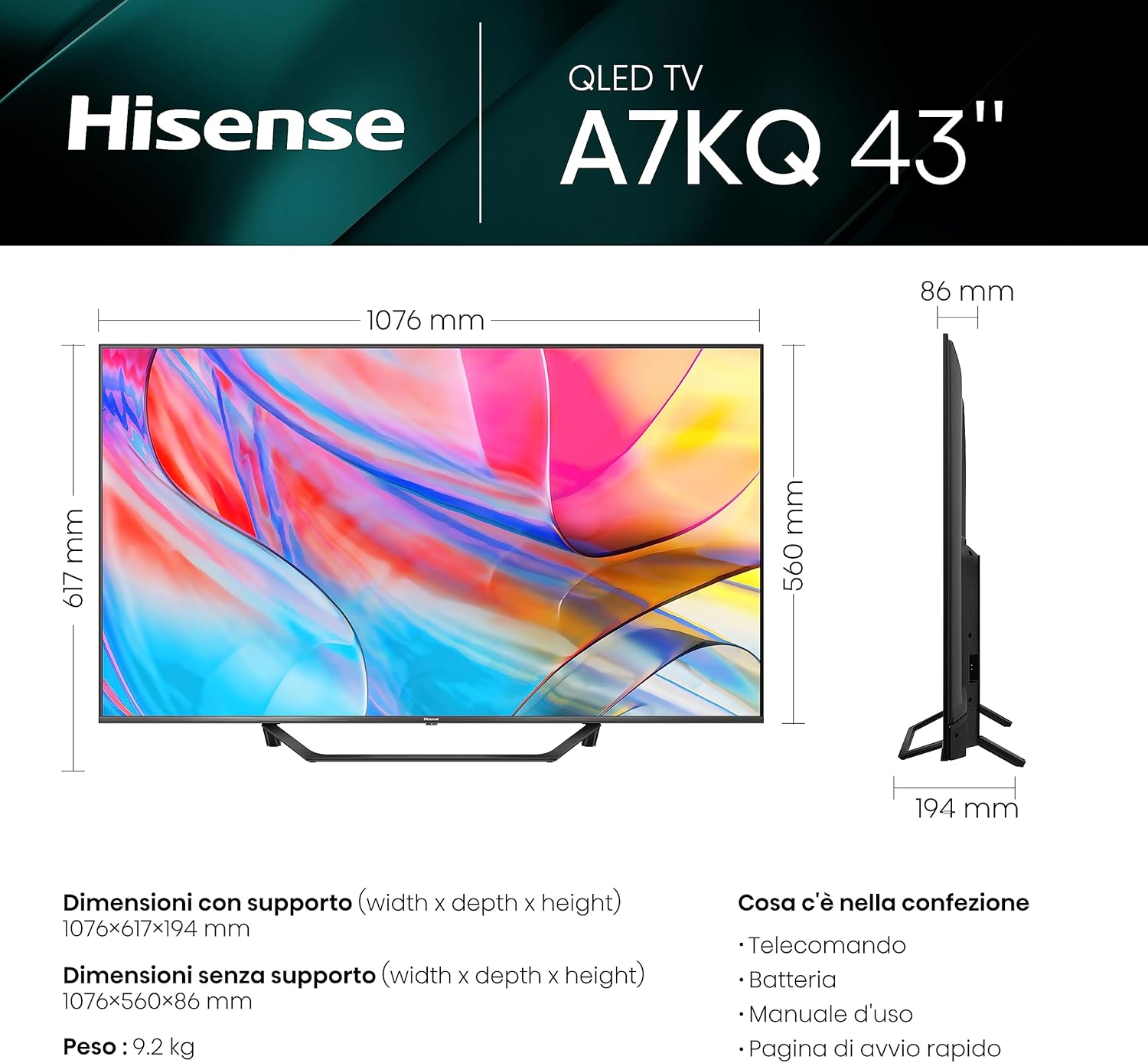 Hisense 43" QLED 4K 2023 43A72KQ, Smart TV VIDAA U6, Dolby Vision, HDR 10+, Game Mode Plus, Alexa Built-in, VIDAA Voice, Tuner DVB-T2/S2 HEVC 10, lativù 4K 43 Pollici 2023 A72KQ - Immagine 2