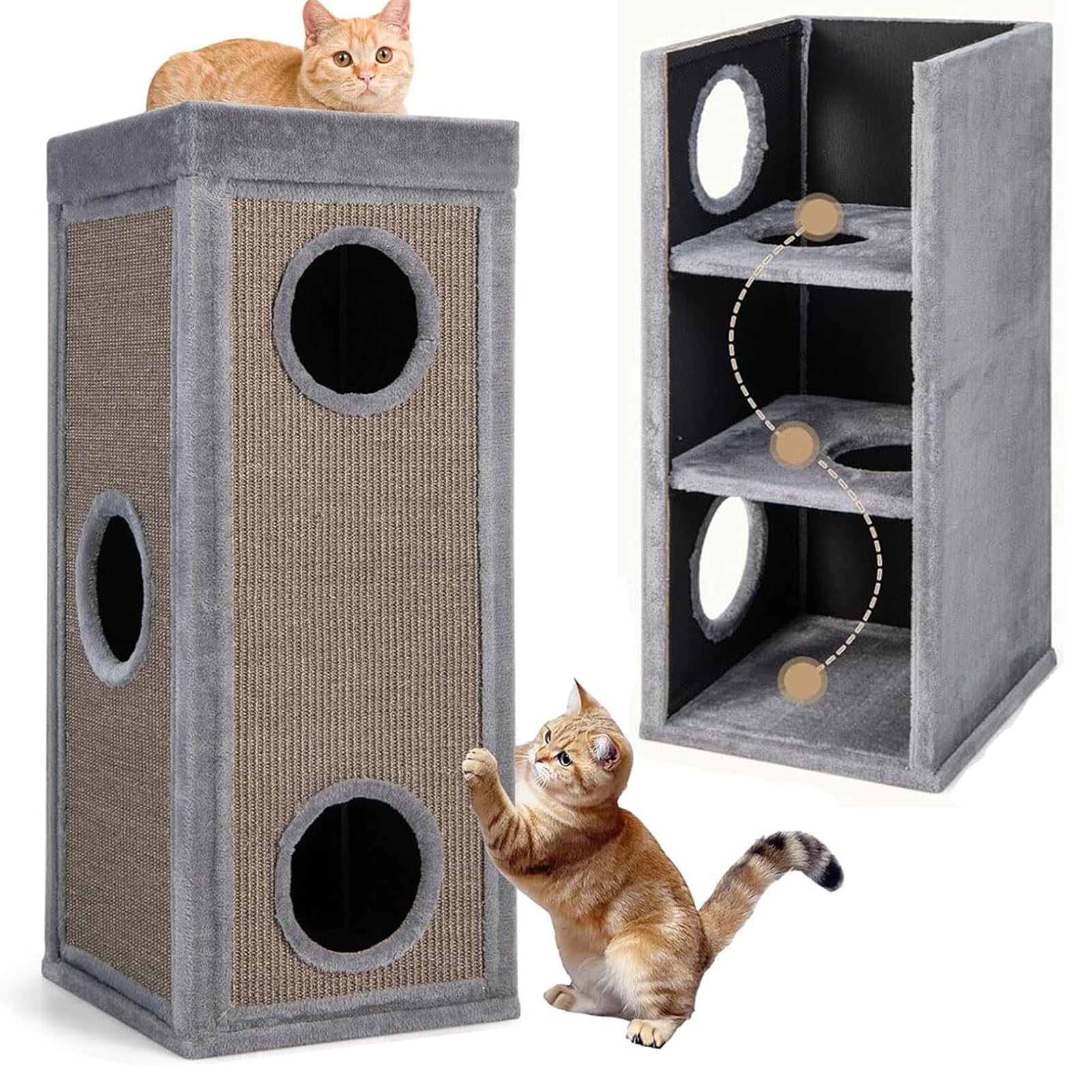 GYMAX Tonneau Griffoir Chat 99cm à 4 Niveaux, 2 Planches à Gratter Revêtues Amovibles, 3 Condos & Perchoir de Peluche Supérieur, Coussins Doux, 3 Entrées, Centre d'Activité pour Chatons d'Intérieur