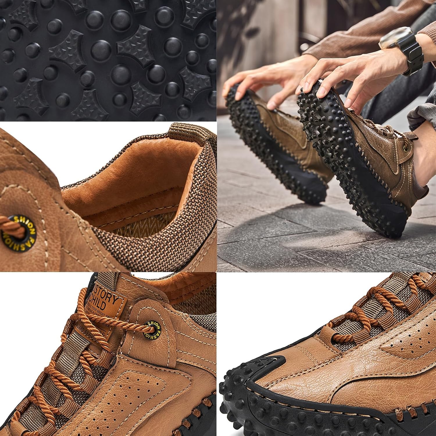Men’s Vintage Leather Hiking Shoes – Hand-Sewn Lightweight Boots with Wide Toe Design, Waterproof Breathable & Non-Slip Boots for Driving & Walking(Khaki,US 11)