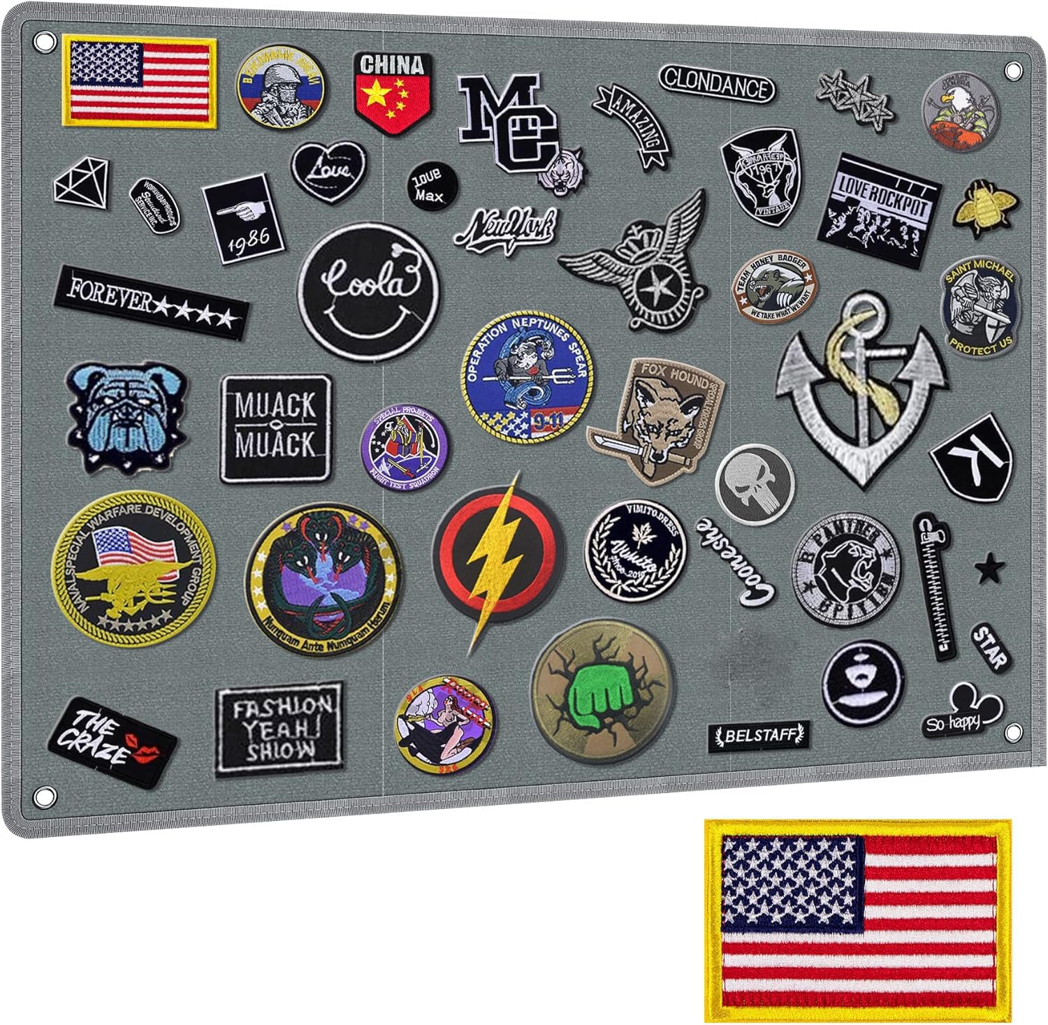 IronSeals Tactical Board Patch Organizer Holder Display with Loop Surface, Steel Ring and Flag Patch (S: 60 x 45 CM/ 23.6" x 17.7", Gray + Flag Patch)-image-16