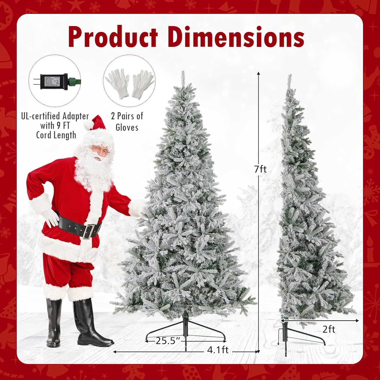 BECOMFORT 7 FT Flcoked Half Christmas Tree, Hinged Artificial Xmas Tree with Multi-Colored LED Lights, 9 Lighting Modes, Timer & Remote, 852 Branch Tips, Prelit Christmas Tree for Wall Home