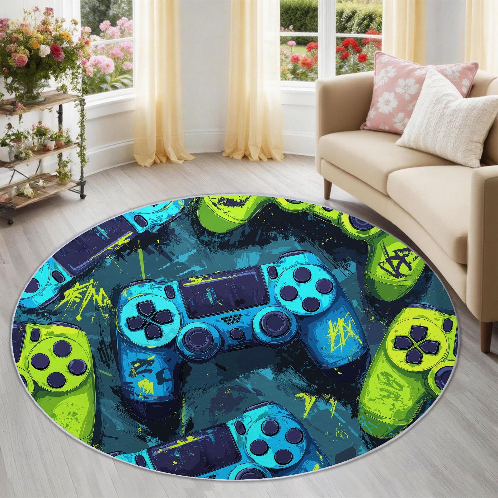 Generisch Teppich Rund 120 cm Kinderzimmer Gamer Gamepad Graffiti-Stil, Waschbar rutschfest Kurzflor, Runde Teppiche für Schlafzimmer Wohnzimmer Flur Gamer, Schwarz