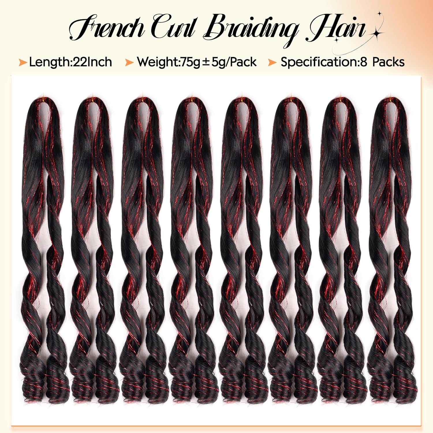 French Curl Braiding Hair 22Inch 8Packs with Red Hair Tinsel Pre-Stretched 75g/Pack Bouncy Loose Wave Crochet Hair Extensions (22 Inch,8 Packs,1B/Red Hair Tinsel)