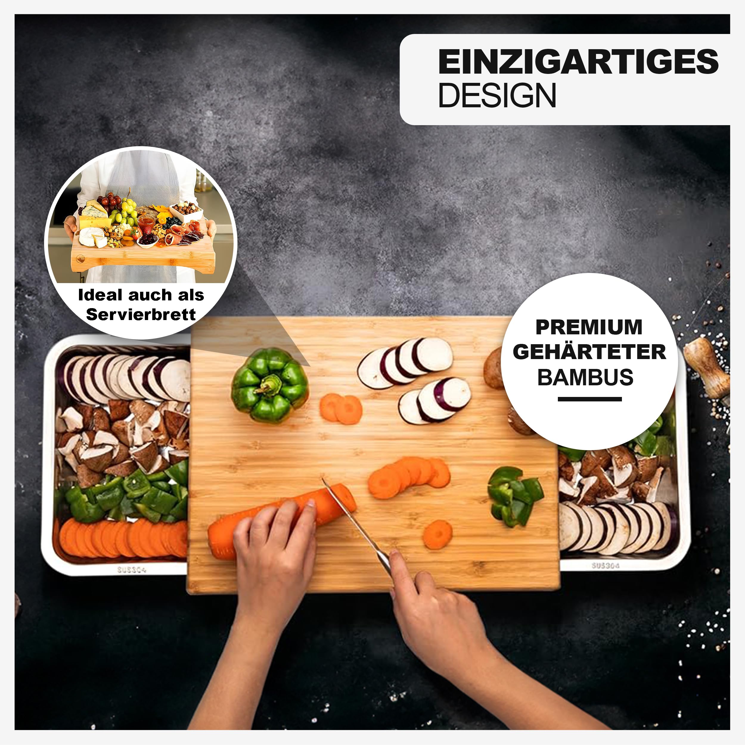Grünhirsch® Premium Schneidebrett Bambus mit 3 x Auffangschale (Gr. 40x30x7cm) - Holzbrett & Küchenbrett Küche - Profi Cutting Board Set aus Holz - Holzschneidebrett mit 3 Auffang-Behälter (groß)