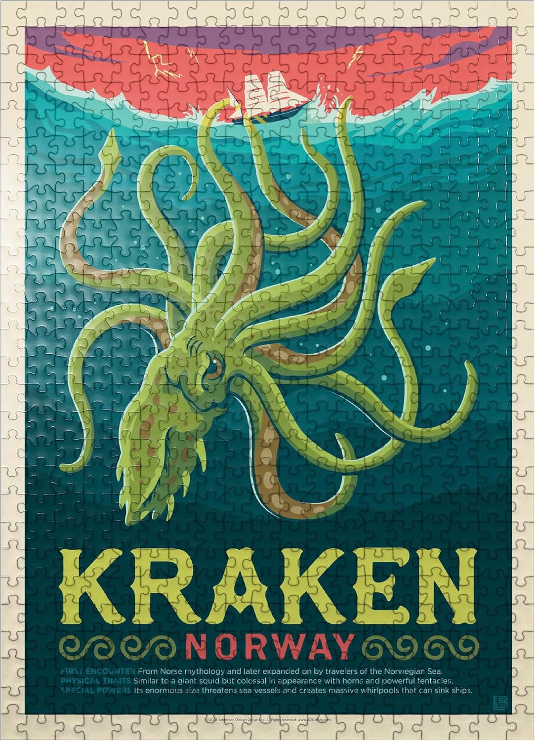 MyPuzzle Mythical Creatures: Kraken (Norway), Vintage Poster - Premium 500 Piece Jigsaw Puzzle for Adults