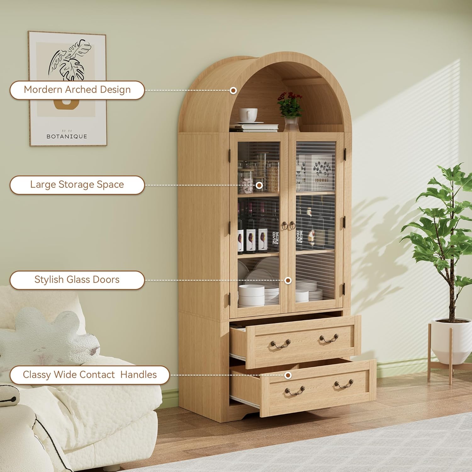 71" Tall Arched Kitchen Pantry Cabinet, Farmhouse Modern Wood Arched Cabinets with Glass Doors & 2 Large Drawers, Perfect for Kitchen, Dining Room, Living Room, Natrual