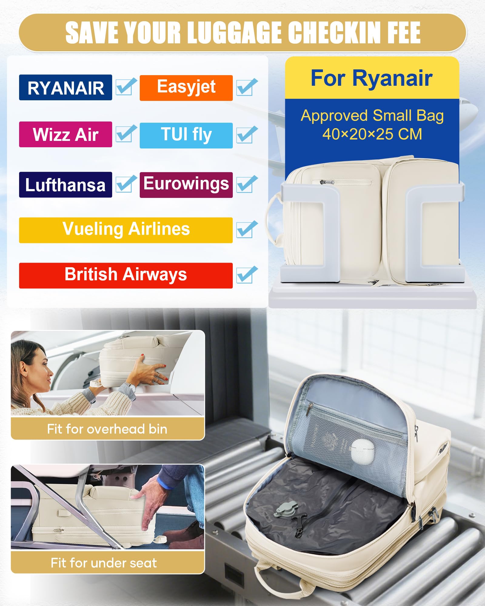 BJLFS Zaino da Viaggio con Sottovuoto Ryanair 40x30x20 Wizzair Bagaglio a mano 40x20x25 Ryanair con Pompa Borse da Cabina per Easyjet 45x36x20 con compressione sottovuoto,Zaino Casual per Laptop