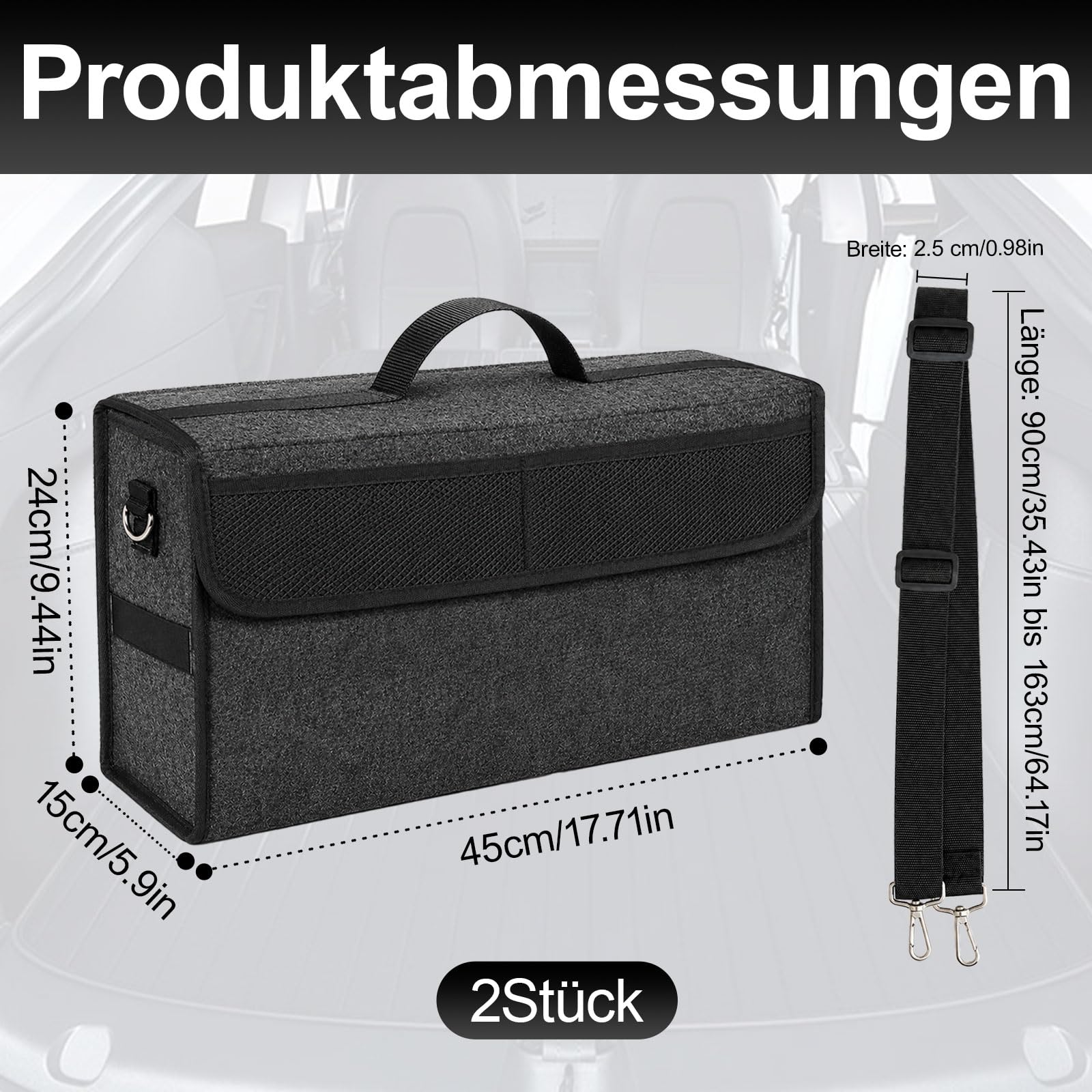2 Stück Auto Organizer Toolbag, 45 x 15 x 24 cm Kofferraumtasche Toolbag, Kofferraum Organizer aus Filz mit Tragegriff und verstellbare Schulterriemen, Auto Kofferraumtasche für alle Fahrzeuge