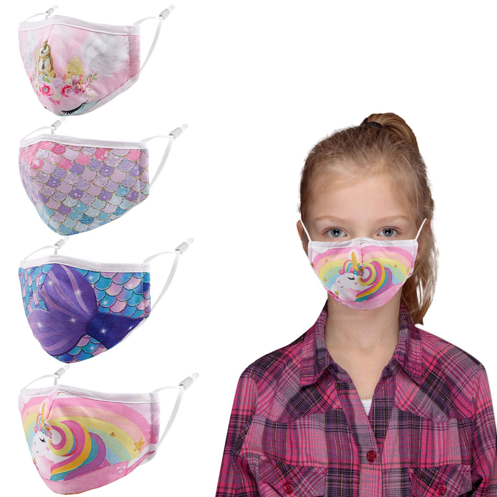 Photo 1 of 4 Pack Kids Reusable Washable Adjustable Cloth Face Masks, Funny for Boys Girls … Pink Unicorn Mermaid
